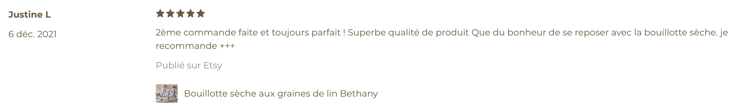 A small rectangular soap with a floral pattern, labeled as 'Bouillotte sèche aux graines de lin Bethany'.