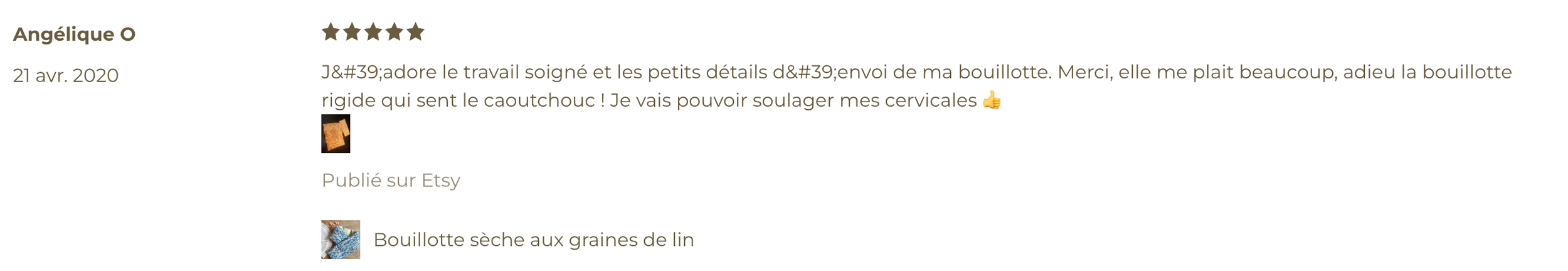 Avis client écrit en français avec une note de cinq étoiles, parlant d'une bouillotte sèche aux graines de lin.
