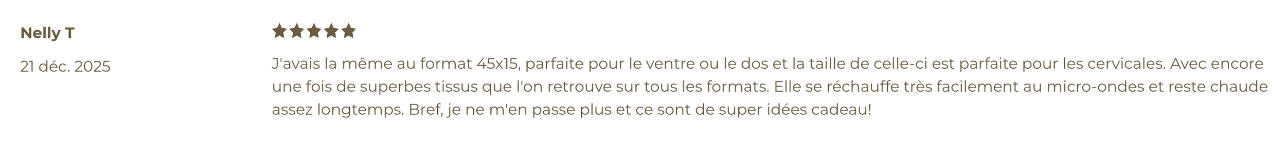 Avis client avec nom, date, note de 5 étoiles, commentaire positif sur un produit en micro-ondes, mention de satisfaction pour la taille et la matière, date du 21 décembre 2025.