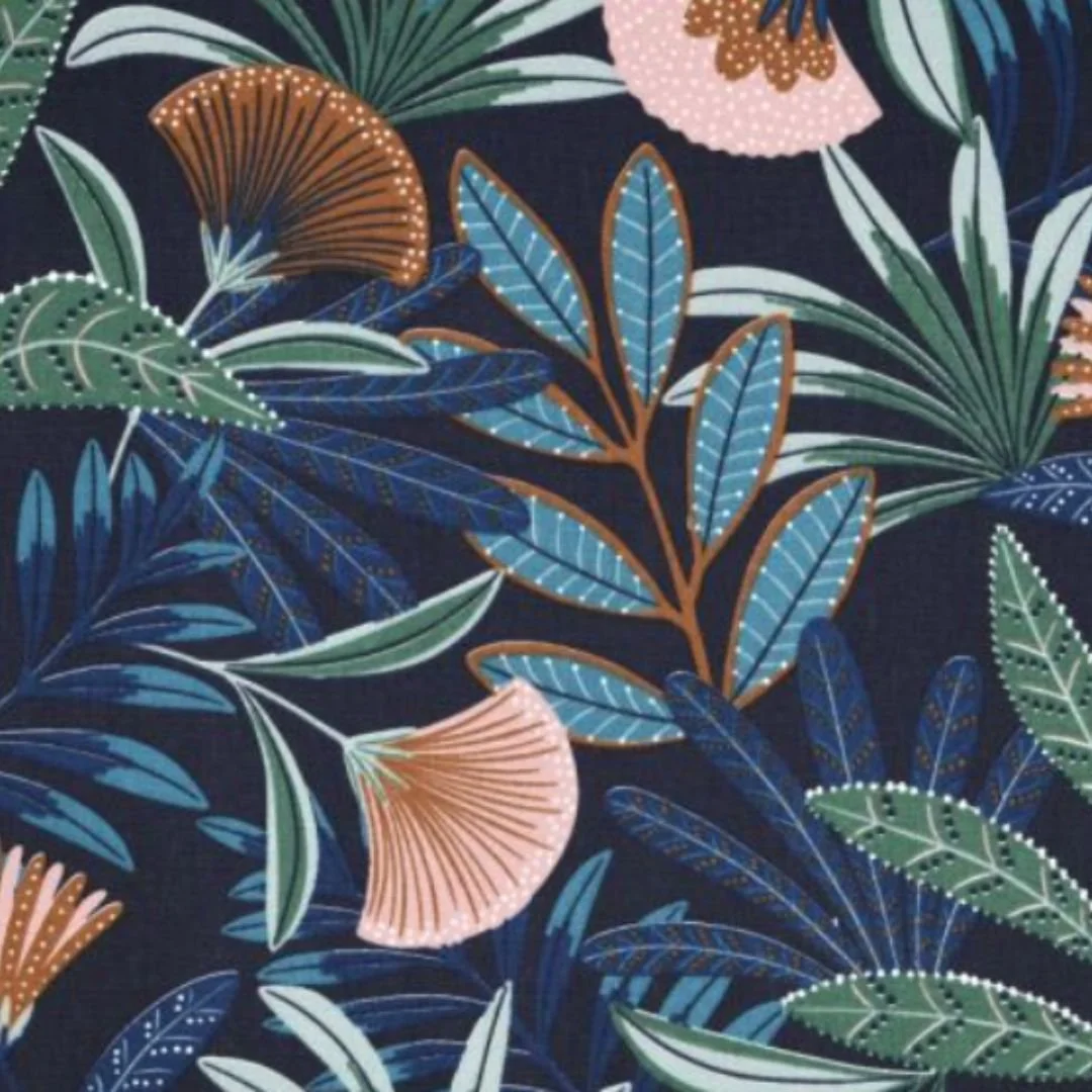 Tissu fleurs exotique bleu Freyja