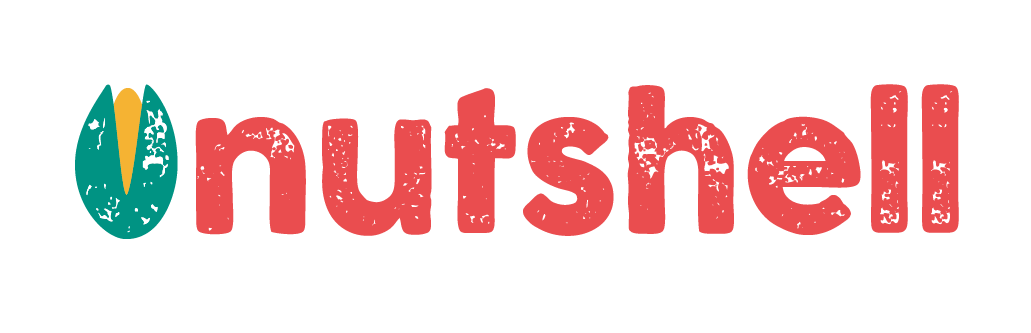Logo for Nutshell featuring a stylized green, yellow, and white nutshell icon next to the word 'nutshell' in red, distressed lettering.