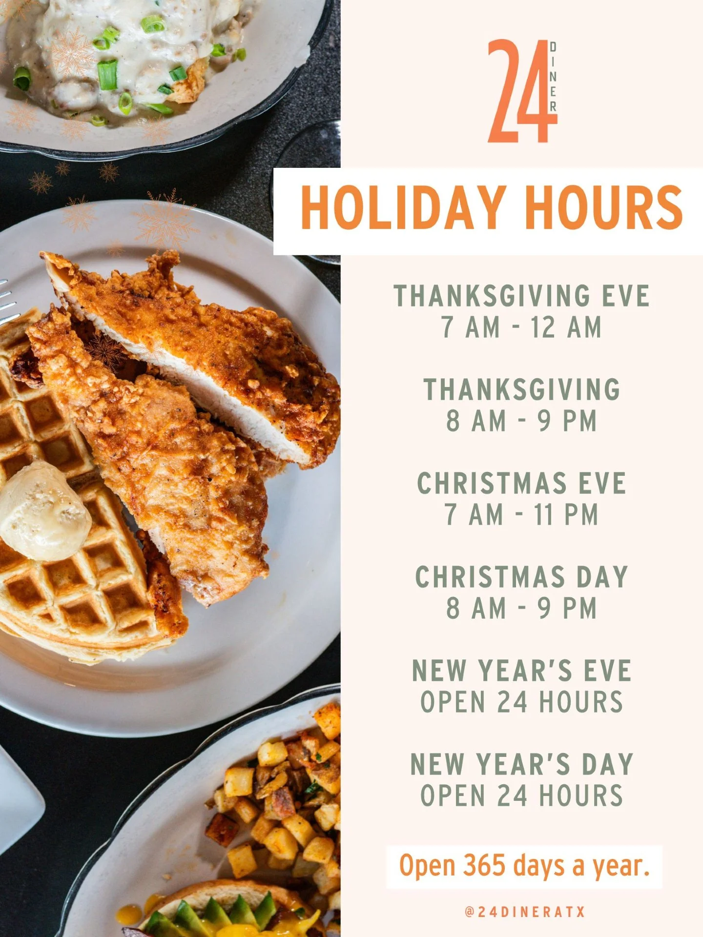 The holidays are better at 24 Diner. ✨

We&rsquo;ll be open Thanksgiving with our Turkey Plate and all the fixings, available dine-in or to-go &ndash; no reservations needed! Full menu also available.

We&rsquo;re also open Christmas Eve and Christma