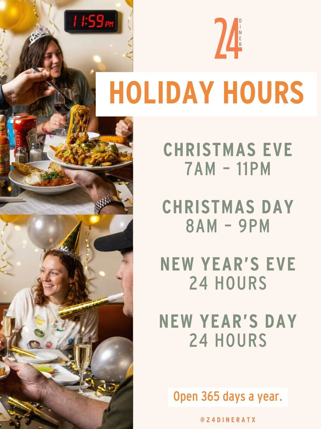 You&rsquo;ve done enough this year.
Let us cook on Christmas. 🎄🔥

We&rsquo;re open Christmas Eve + Christmas Day with our regular menu + Prime Rib Special!

And then we go full on late night mode: open 24 hours on NYE and NYD!

#AustinChristmas #24