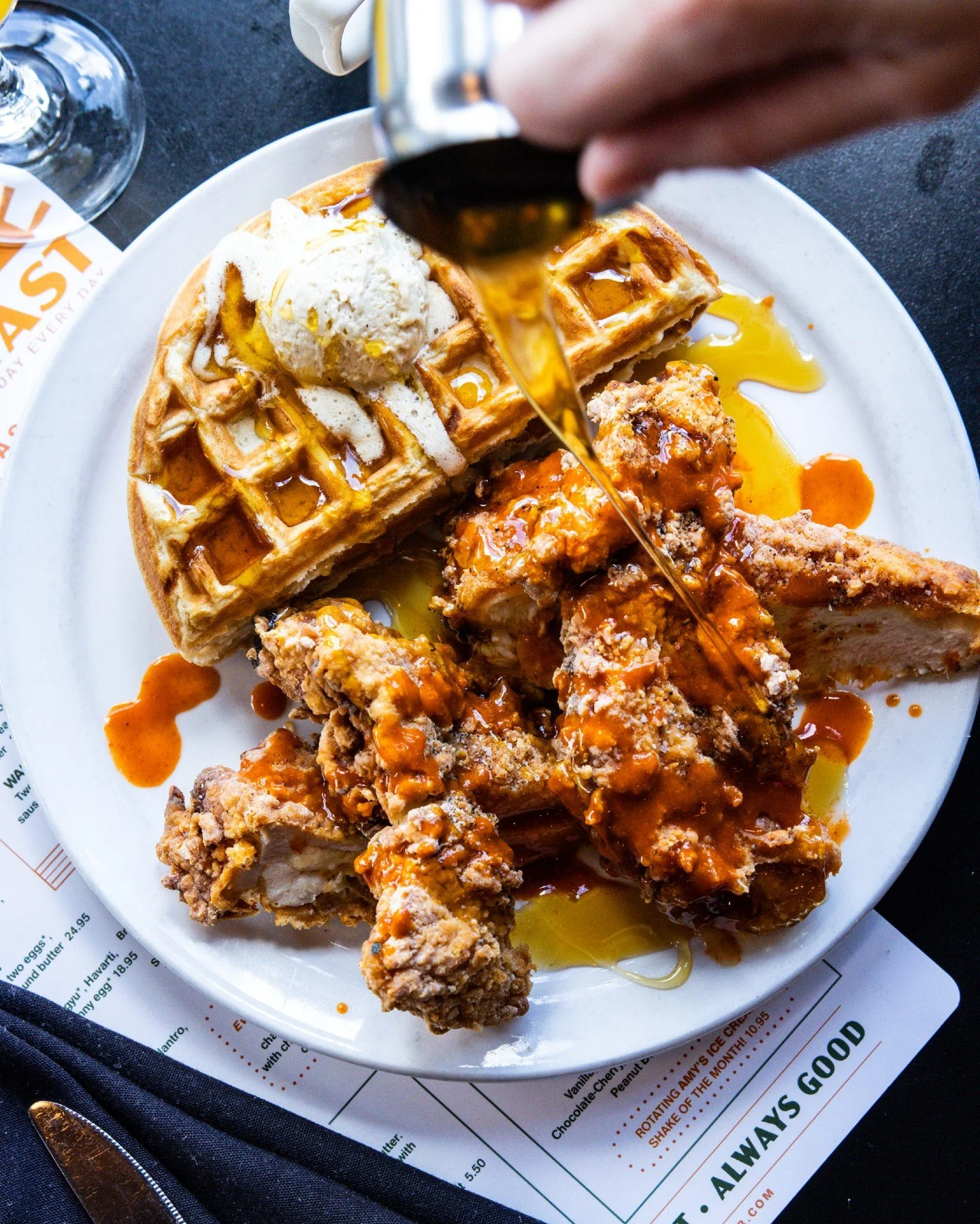 Rough night? We got you. Hot coffee, chicken &amp; waffles, and a booth just for you.

#BreakfastAllDay #24Diner #AustinEats #CoffeeLovers #DinerClassics | breakfast served all day | bottomless coffee | austin diner signature | anytime breakfast