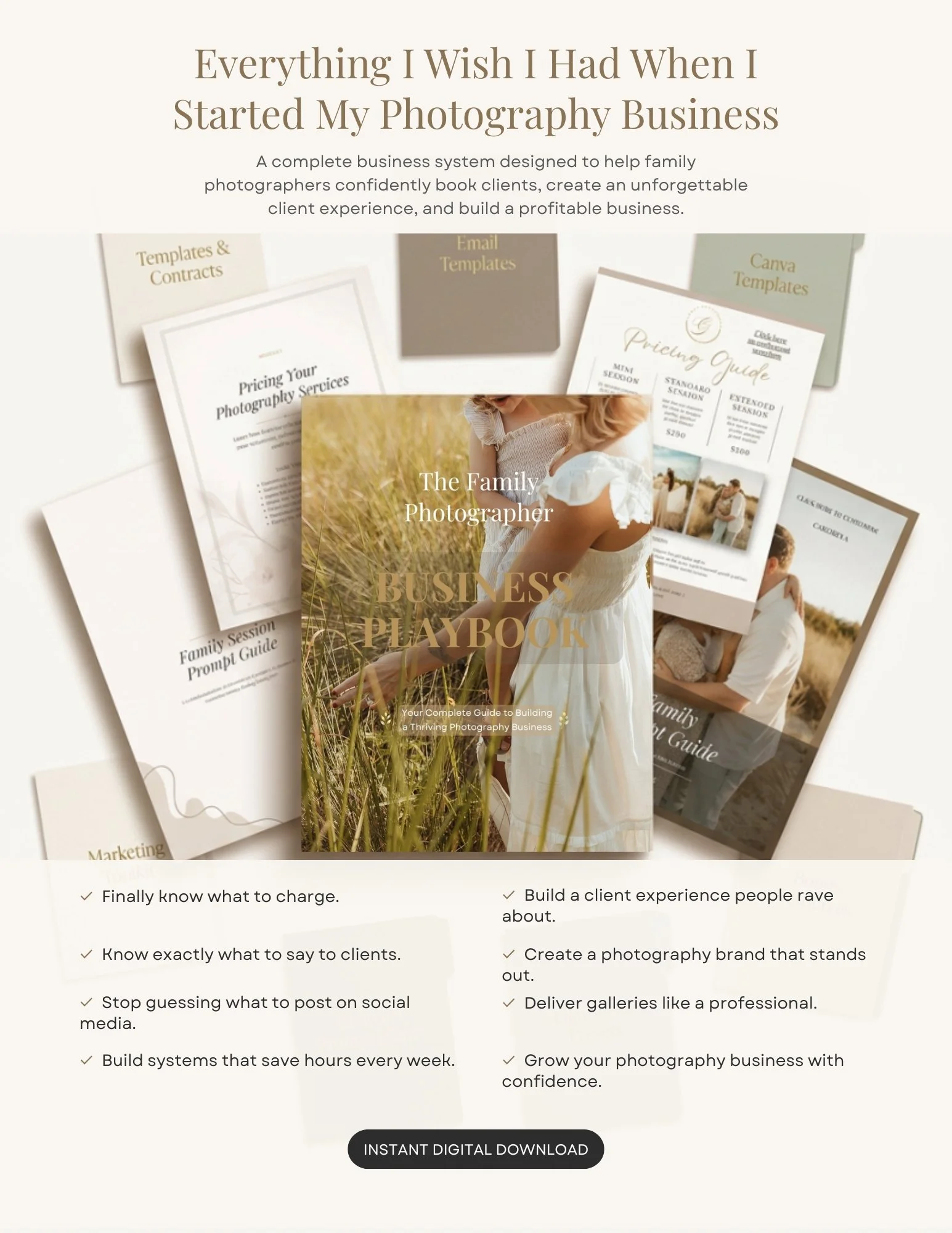 Family photography business education guide displayed on a laptop with professional templates, contracts, workflows, and marketing tools for photographers.