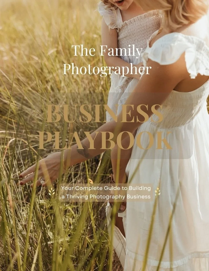 Preview of the Family Photographer Business Playbook with branding, client journey, marketing, editing, and business strategy pages for photographers.