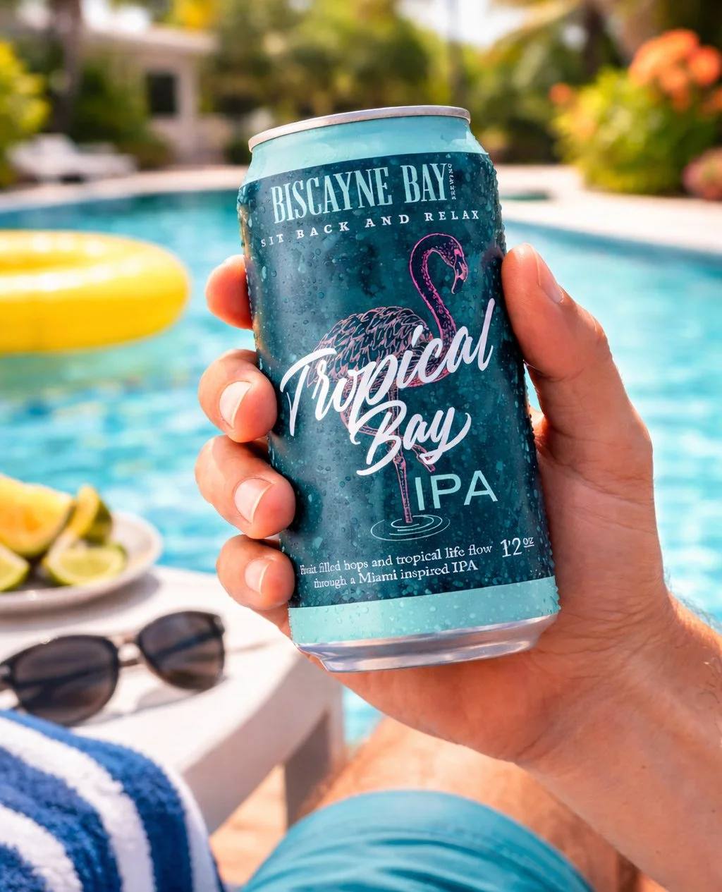 Sit back. Stay cool. This is how you do a pool day with a Tropical Bay in hand. #BiscayneBayBrewing