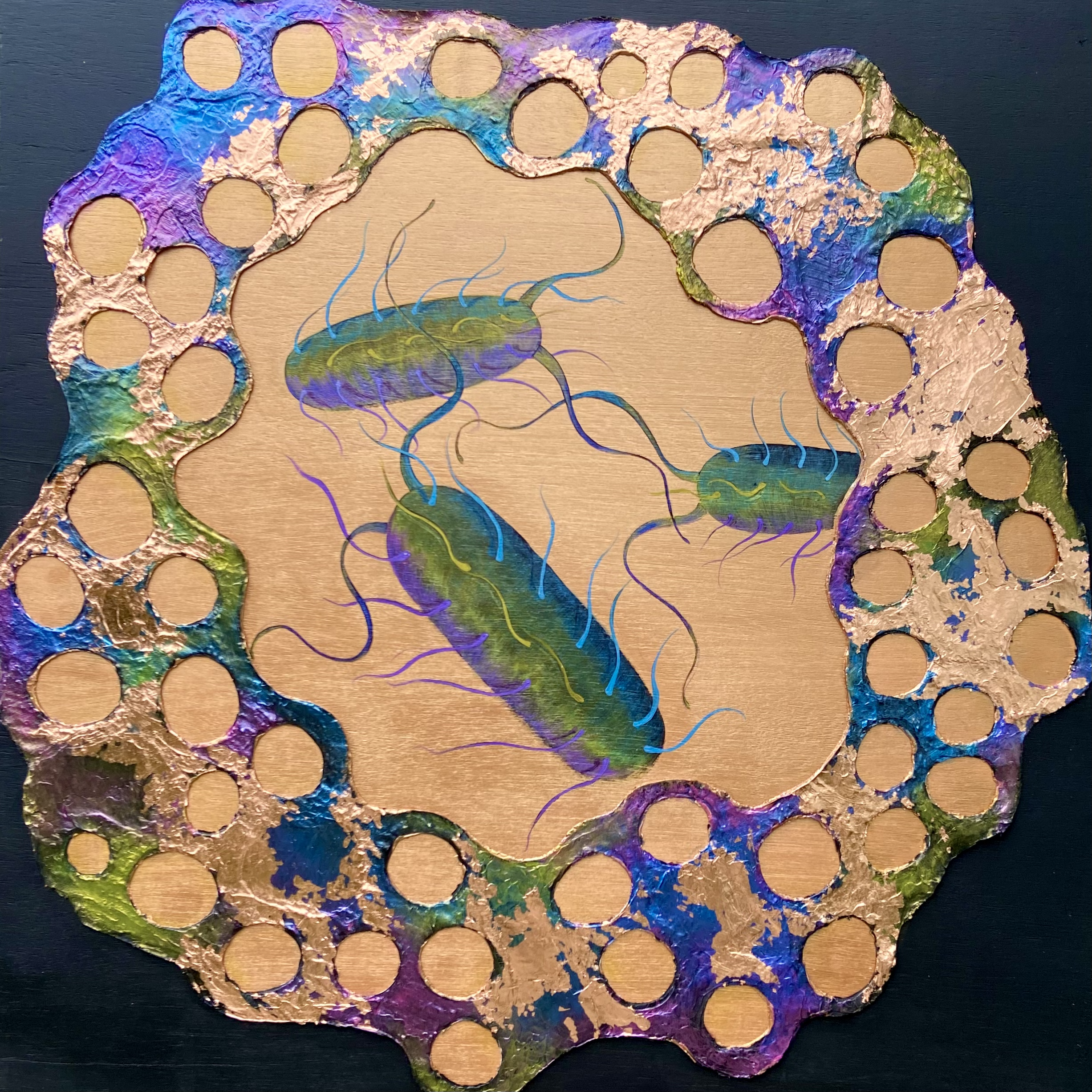 Amoeba Engulfing Bacteria 36x36 mixed media on wood