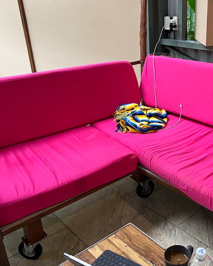  Hot pink couch with wood brown armrest with a nature background and cream walls  