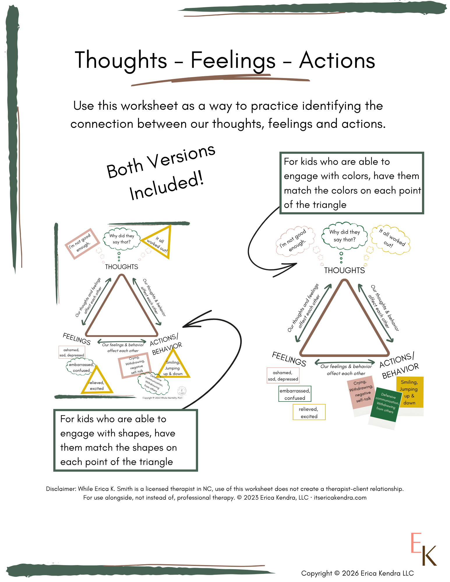 CBT Thoughts / Feelings / Actions Worksheet — Fillable & Print Version