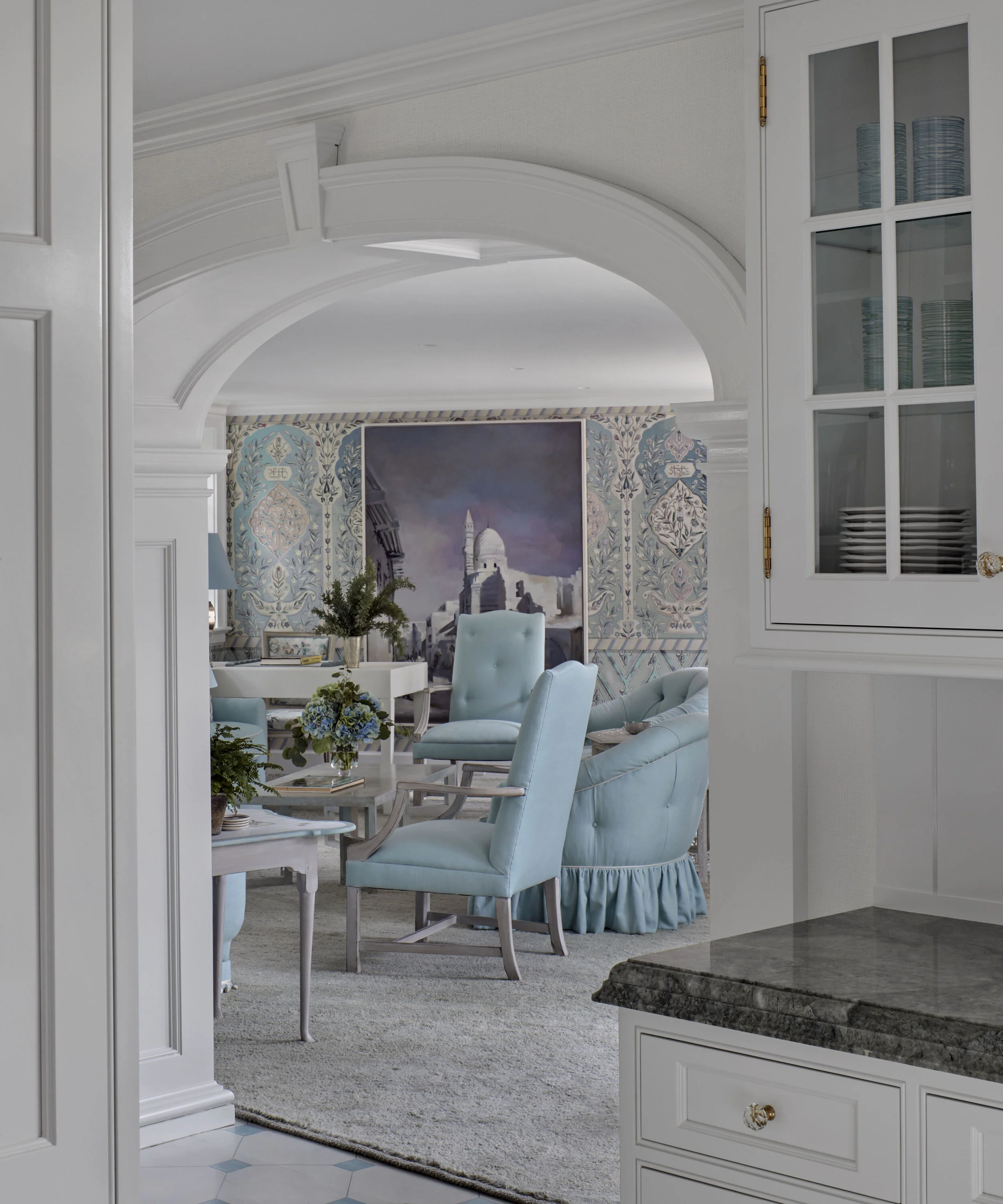 Colonial home in Greenwich CT, hallway wainscoting millwork