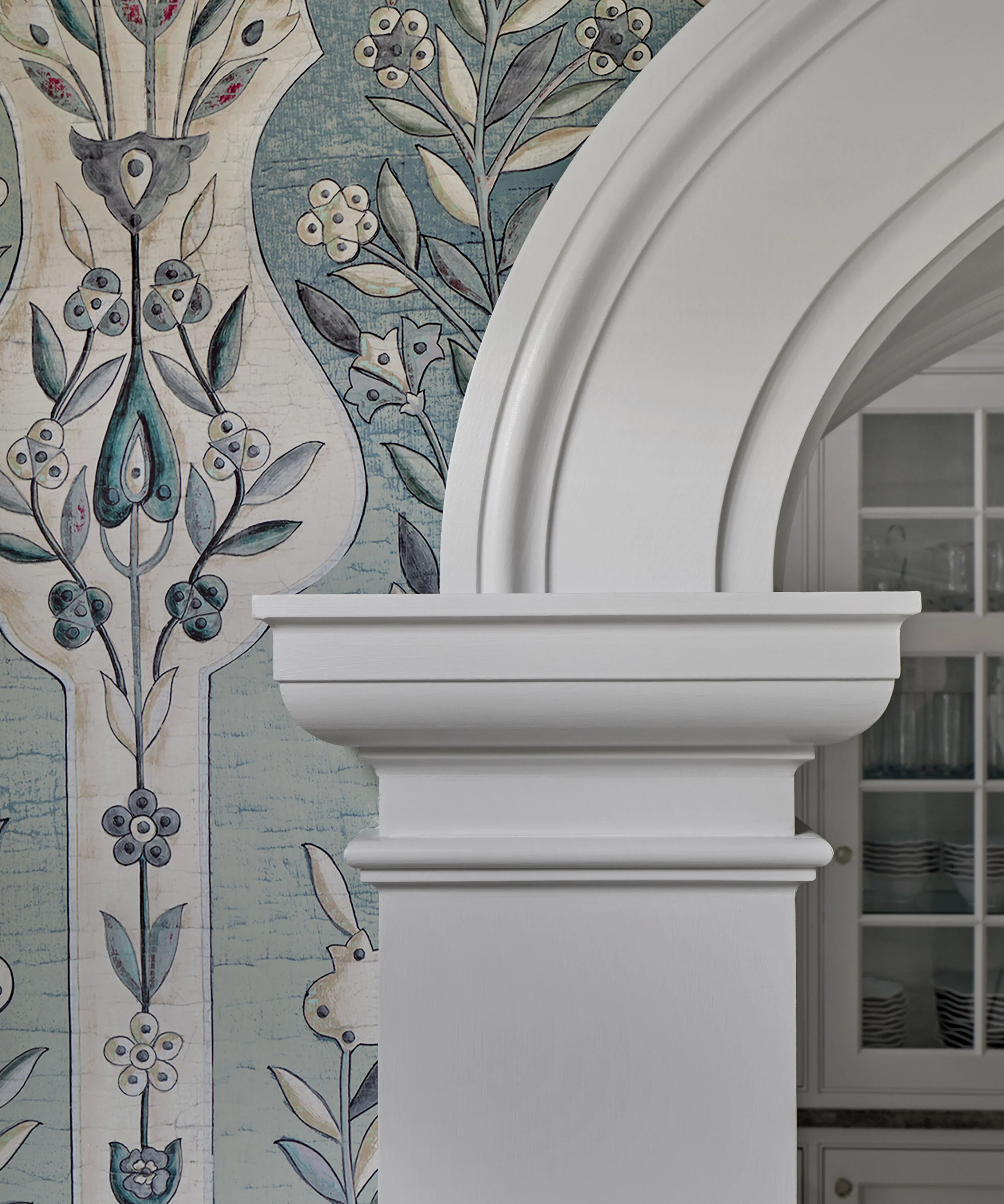 Colonial home in Greenwich CT, hallway wainscoting millwork detail