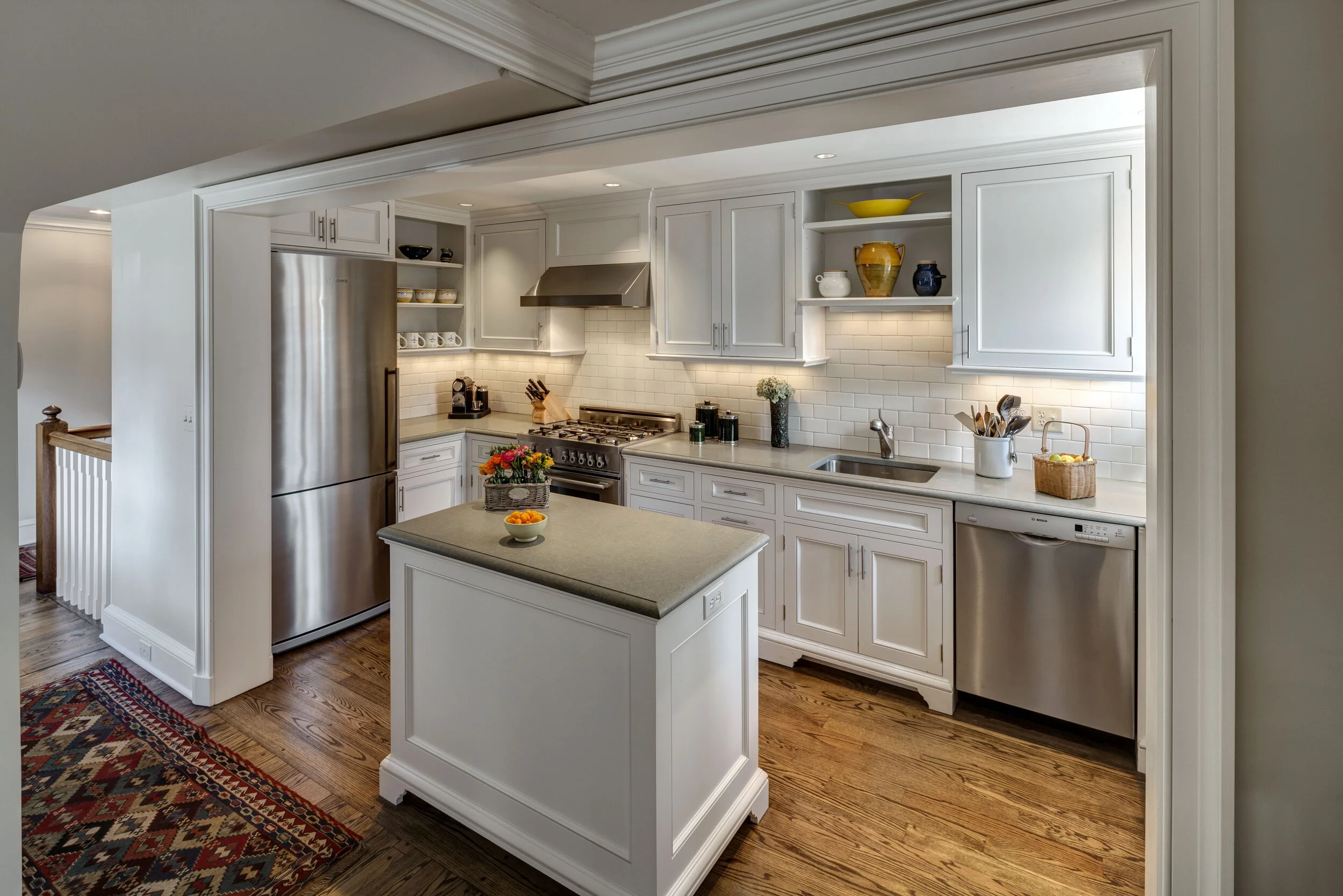 Georgian home in Greenwich CT, kitchen with white cabinetry