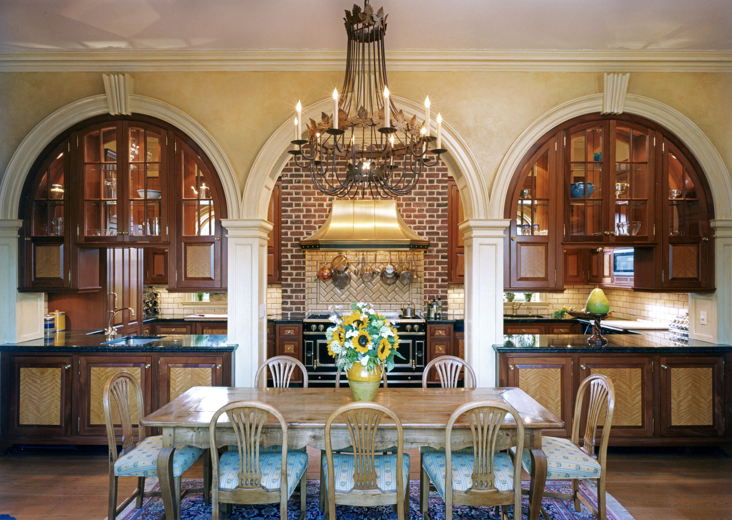 Georgian home in Greenwich CT, kitchen with glass cabinet doors