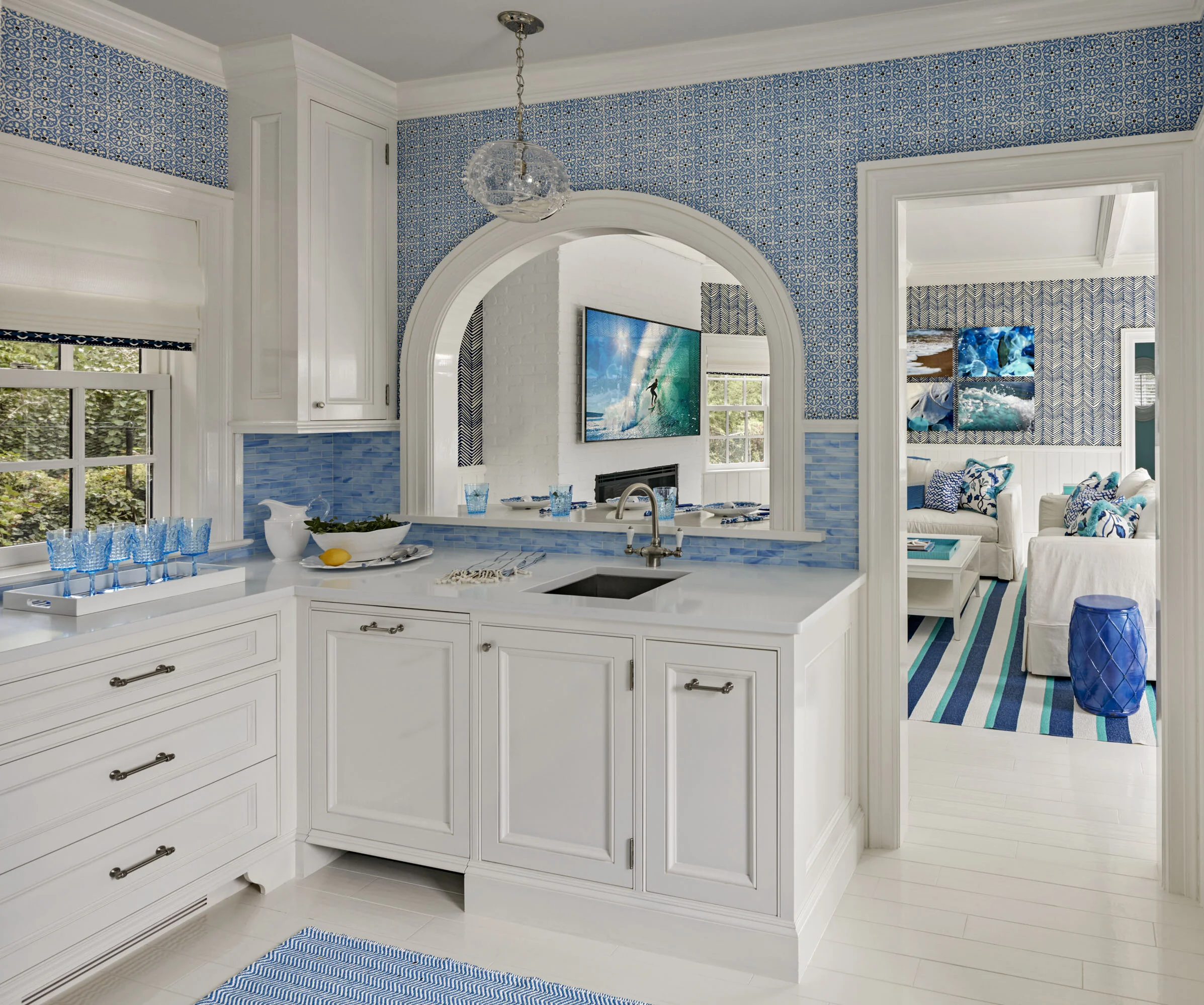 Colonial home in Greenwich CT, kitchen with open shelving