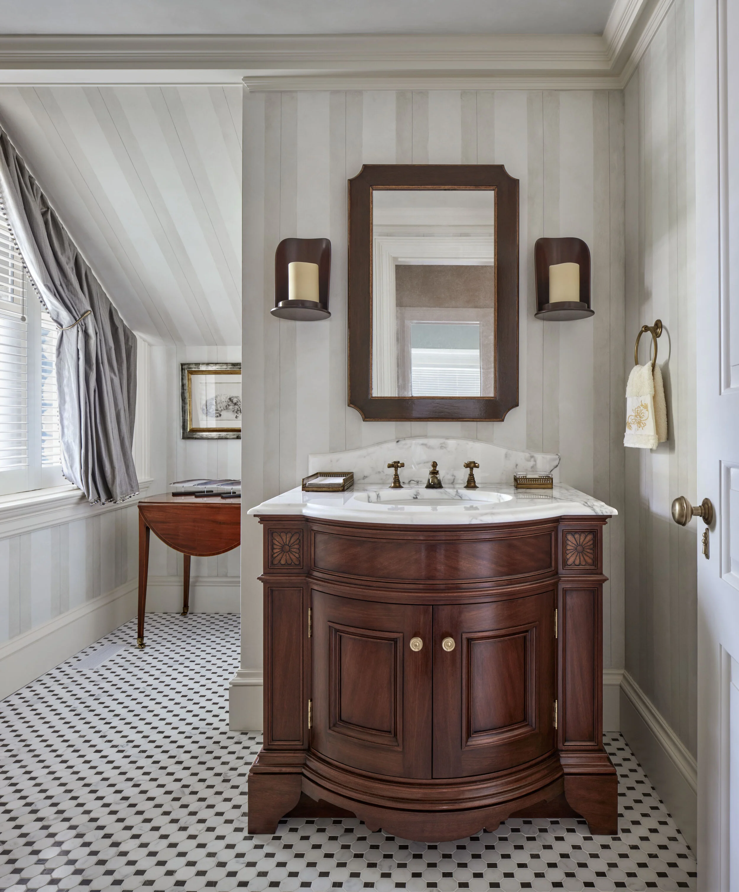 Colonial home in Greenwich CT, bathroom marble tile detail