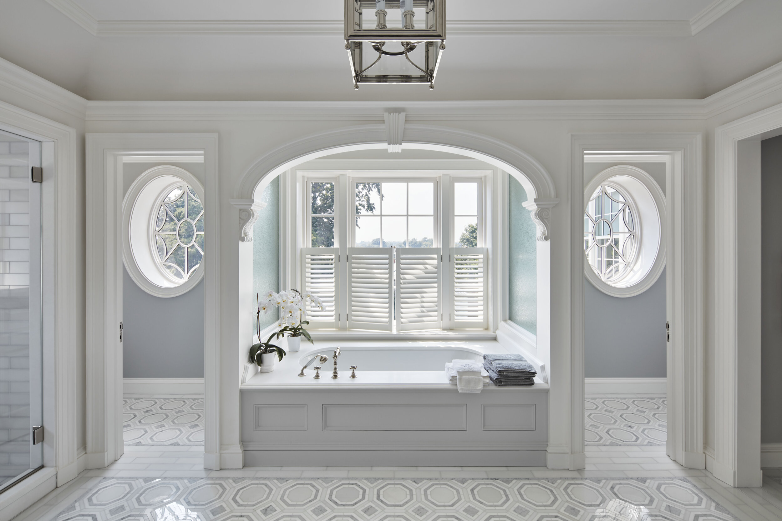 Colonial home in Greenwich CT, bathroom with wainscoting