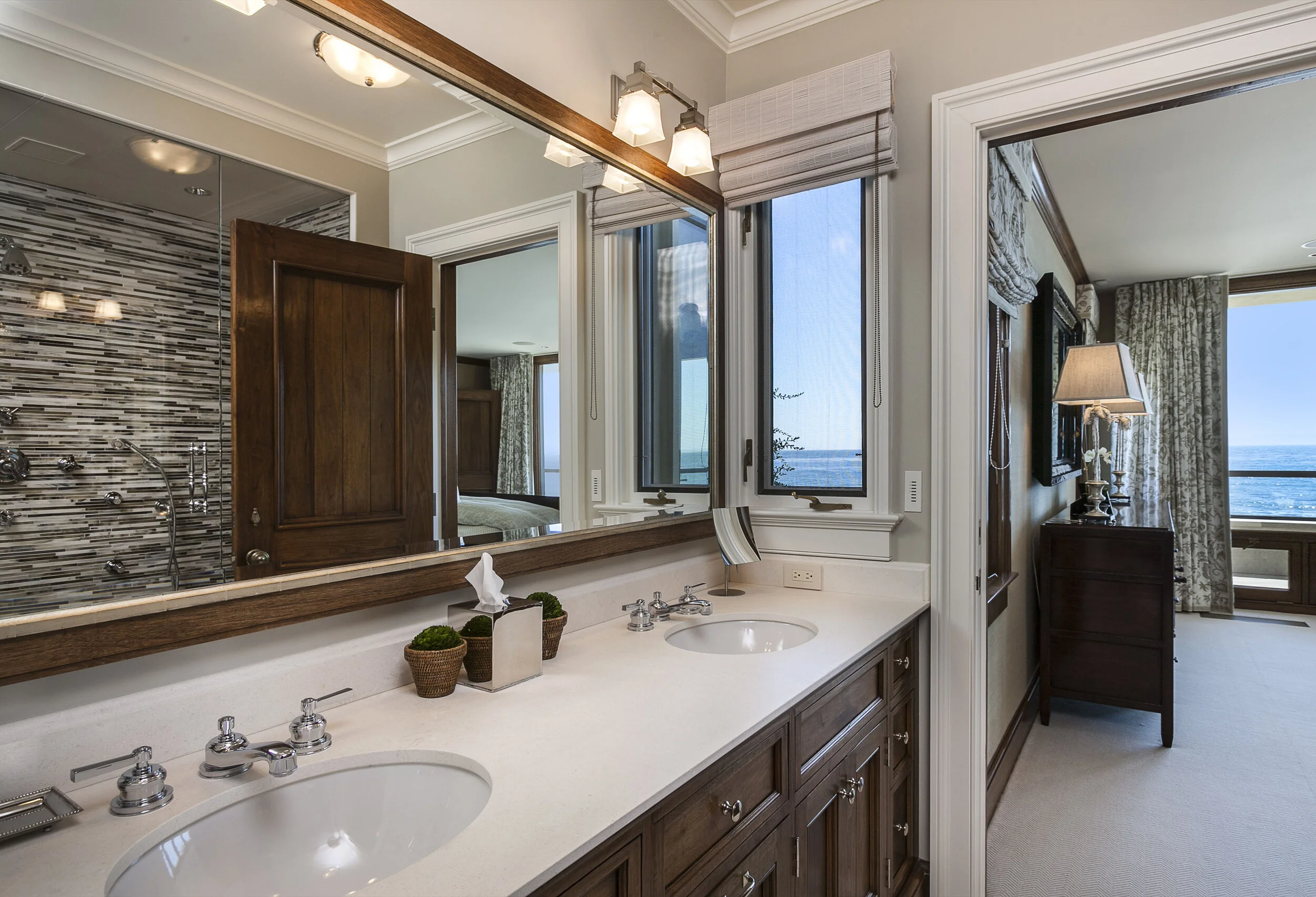 Georgian home in Greenwich CT, bathroom hex tile floor