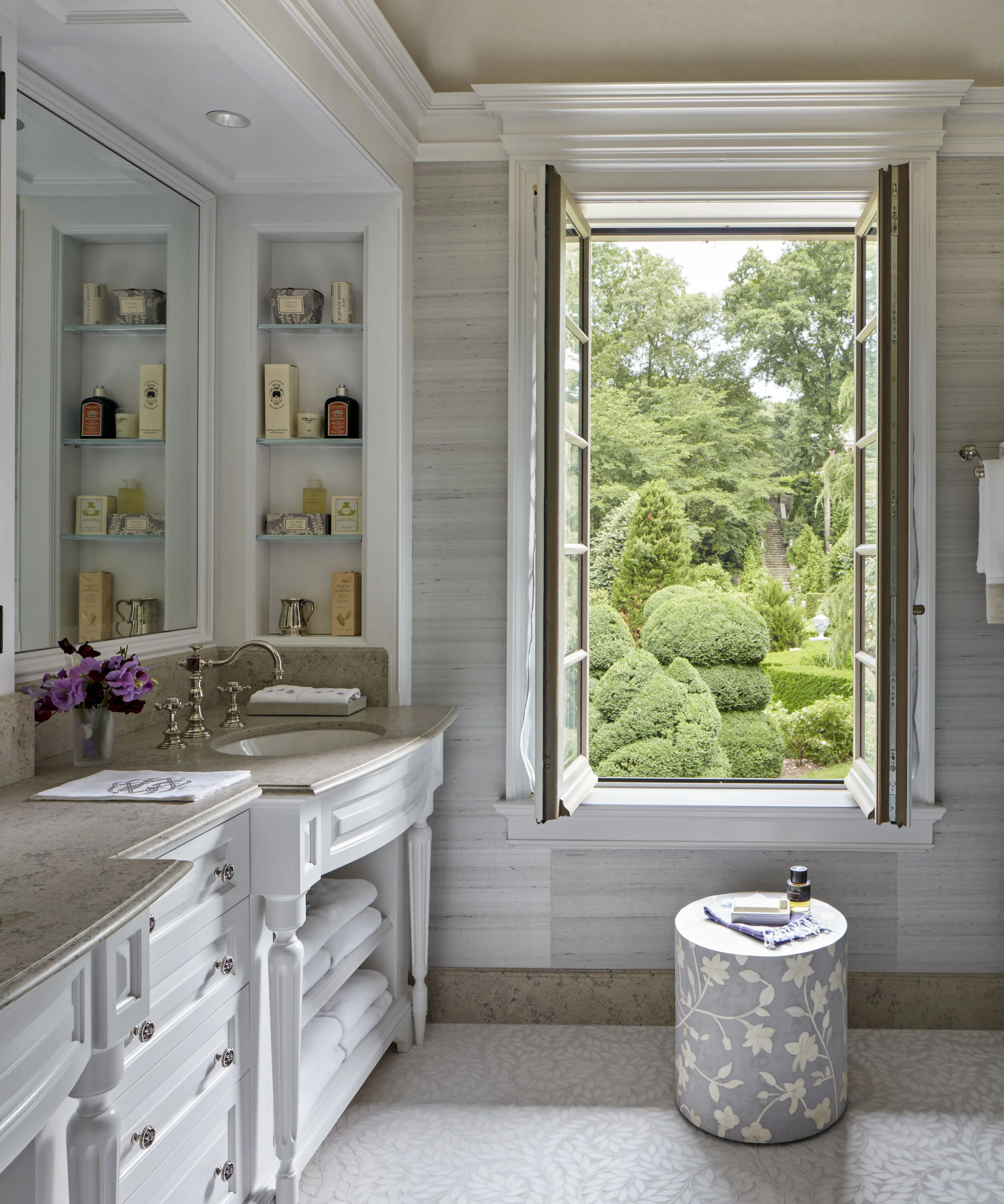 Georgian colonial home in Greenwich CT, bathroom glass shower