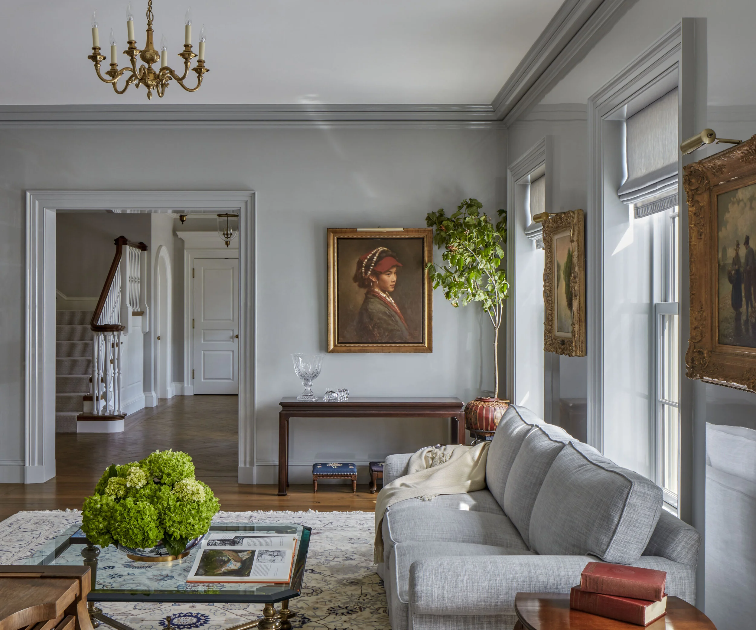 Georgian home in Greenwich CT, living room with coffered ceiling