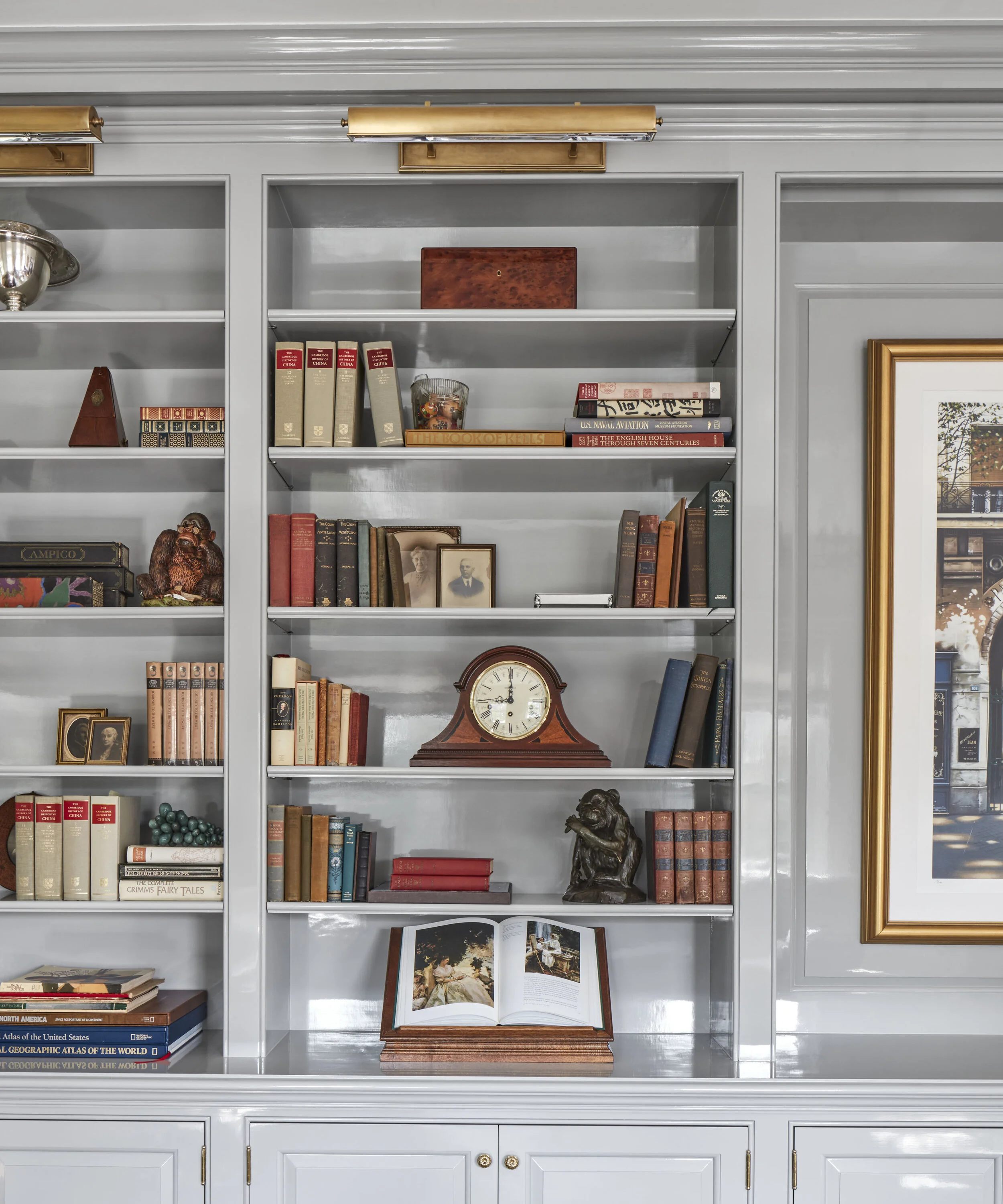Colonial home in Greenwich CT, living room built-in bookcases detail