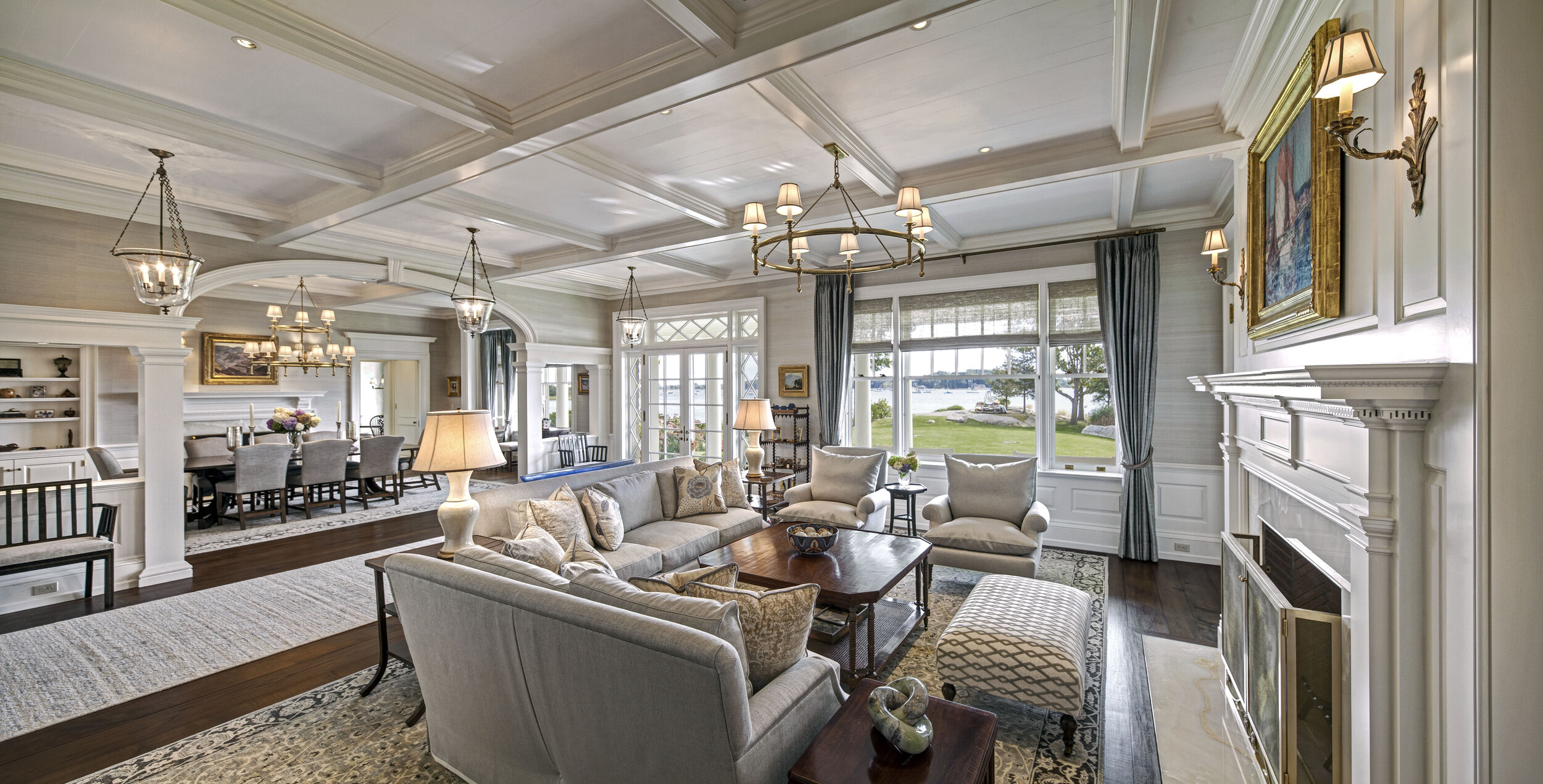 Shingle style home in Greenwich CT, open plan living room