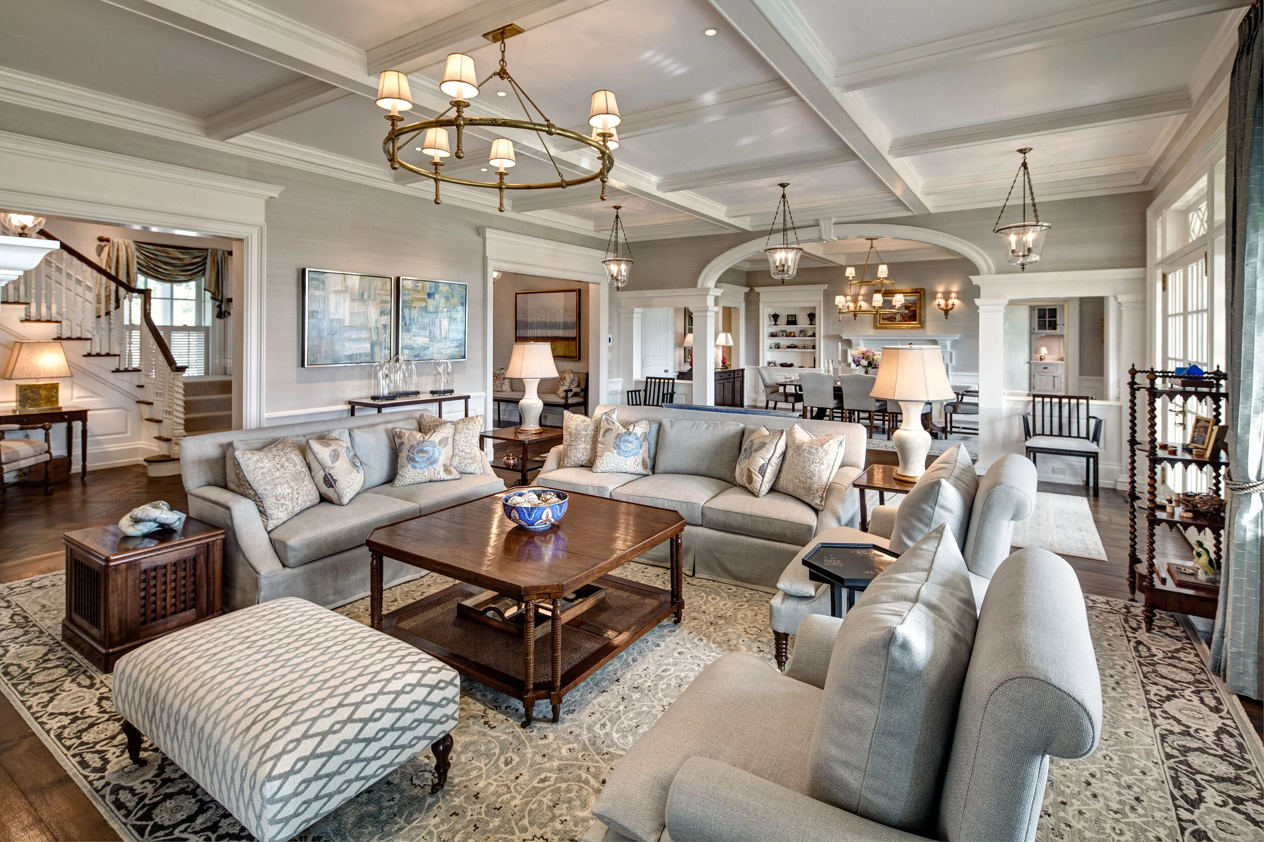 Colonial home in Greenwich CT, living room with wainscoting