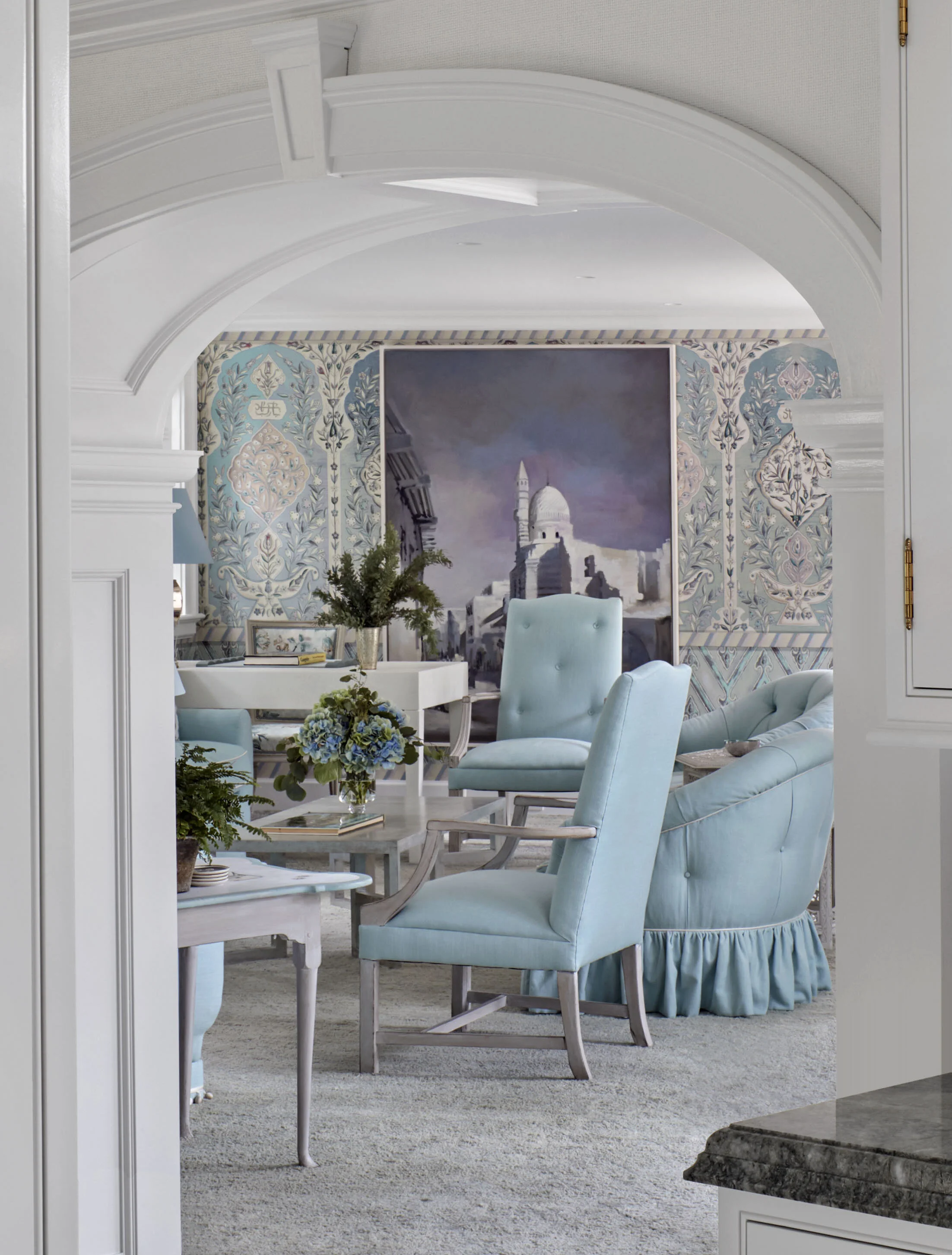 Colonial home in Greenwich CT, great room living space detail