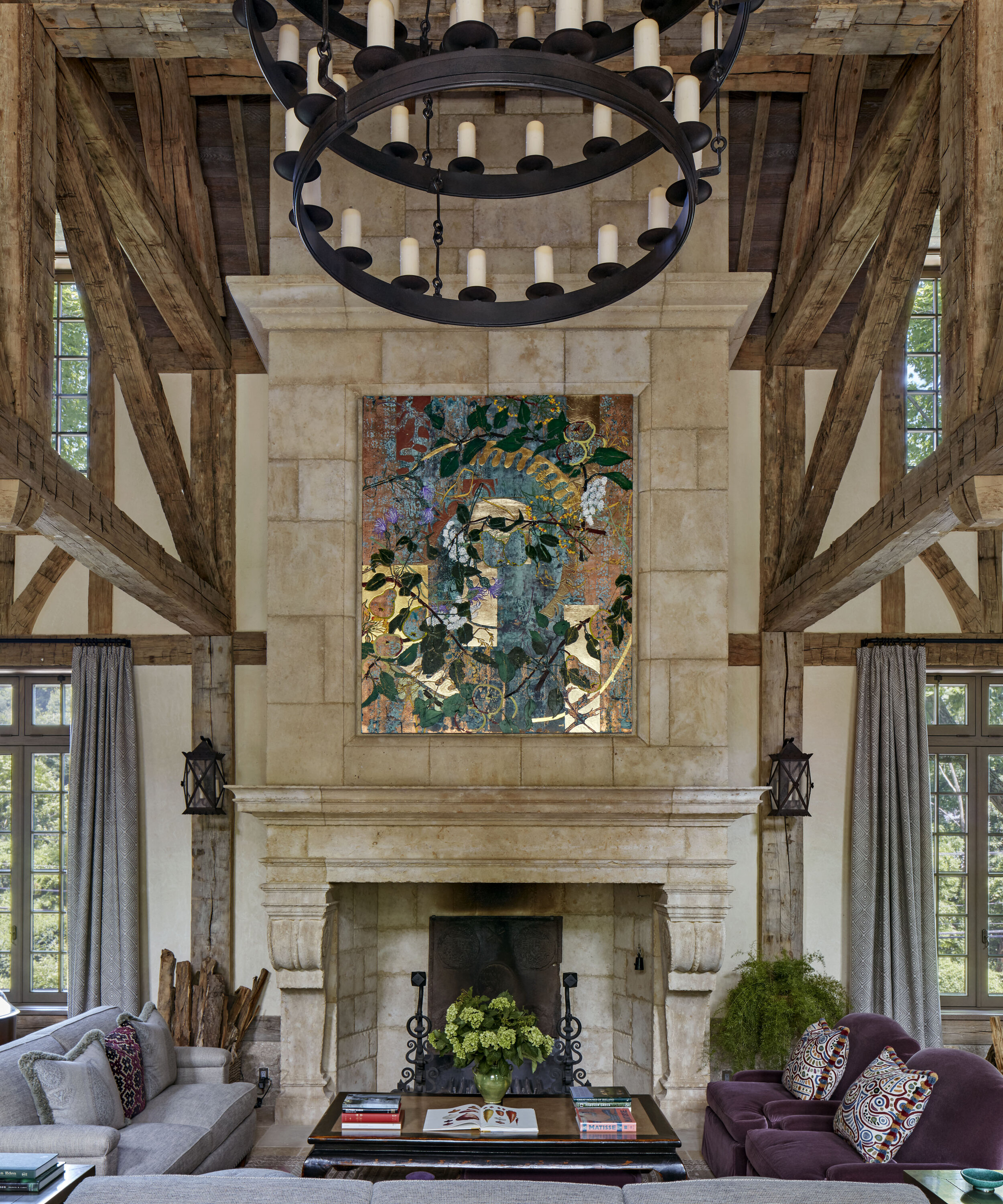 Shingle style home in Greenwich CT, living room vaulted ceiling detail