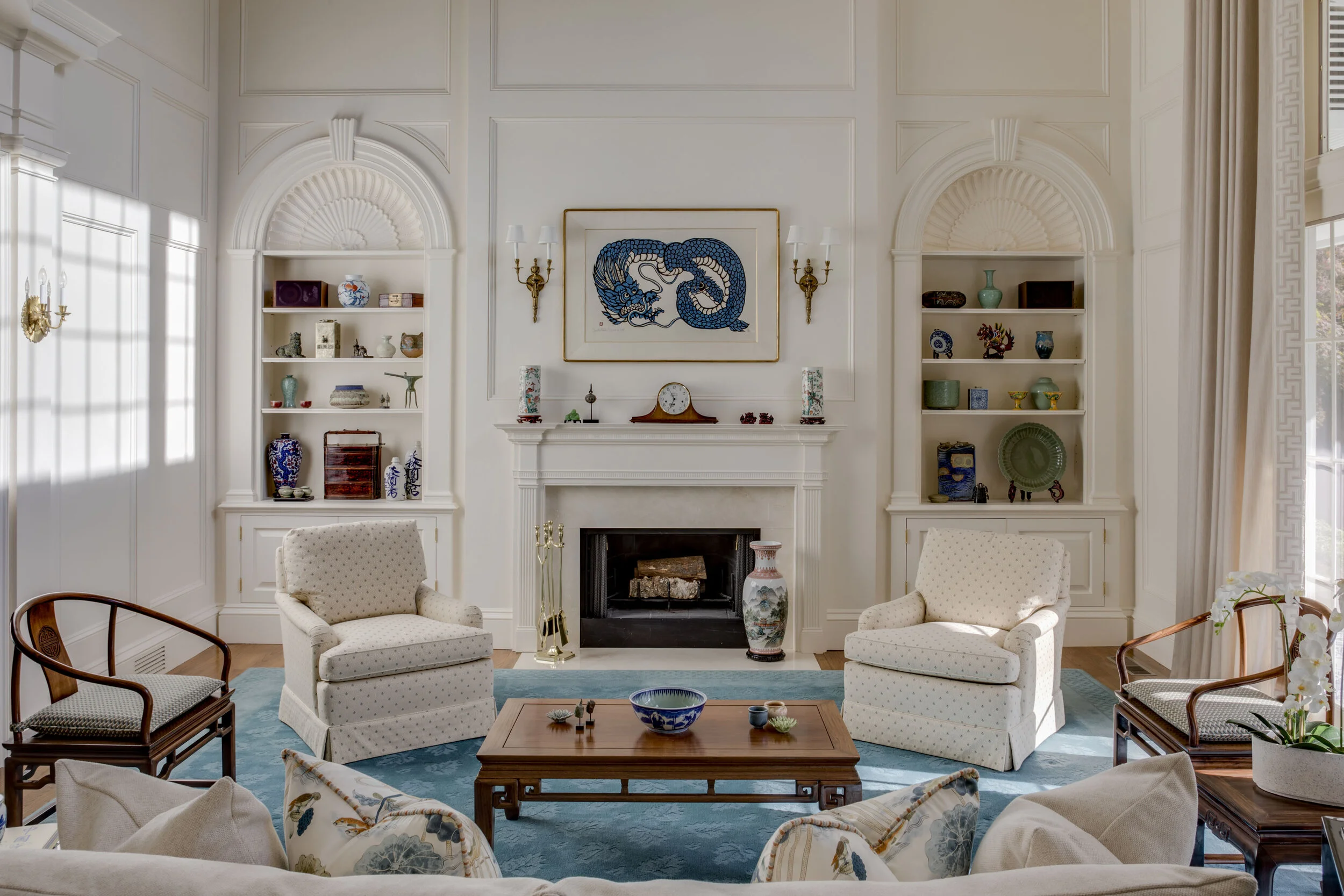 Georgian home in Greenwich CT, living room fireplace surround
