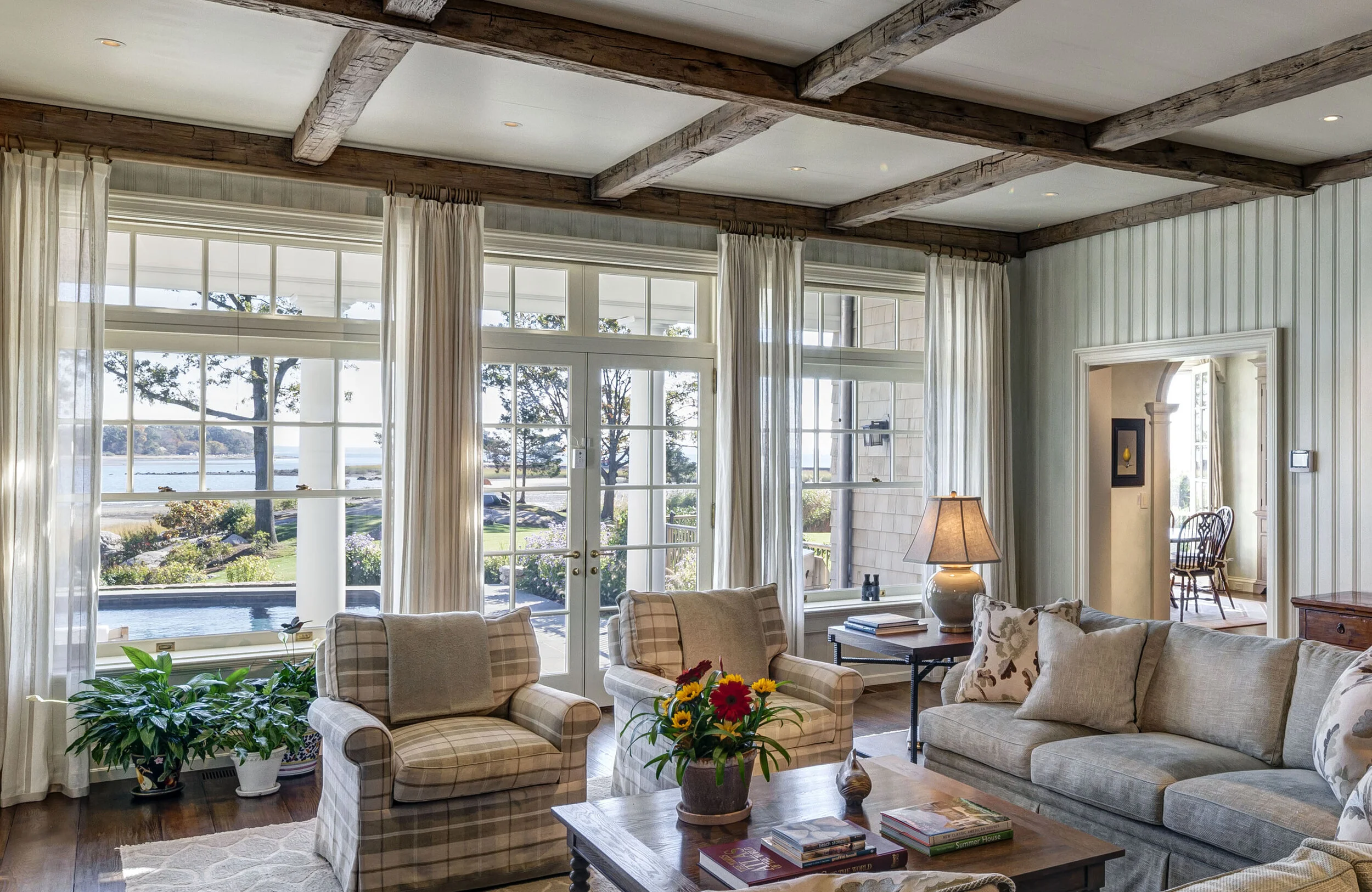 Georgian colonial home in Greenwich CT, living room corner windows