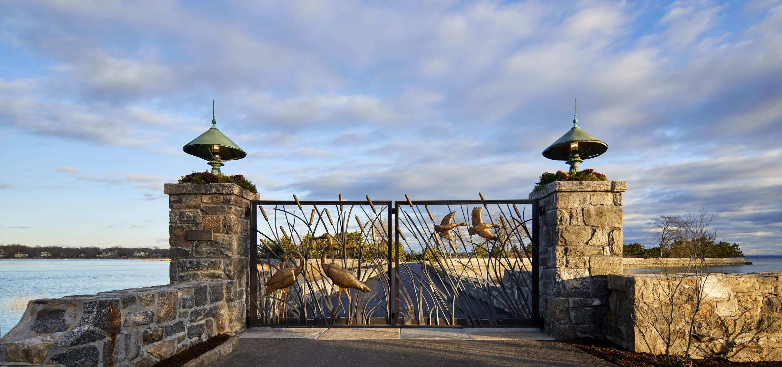 Georgian home in Greenwich CT, entry driveway gate