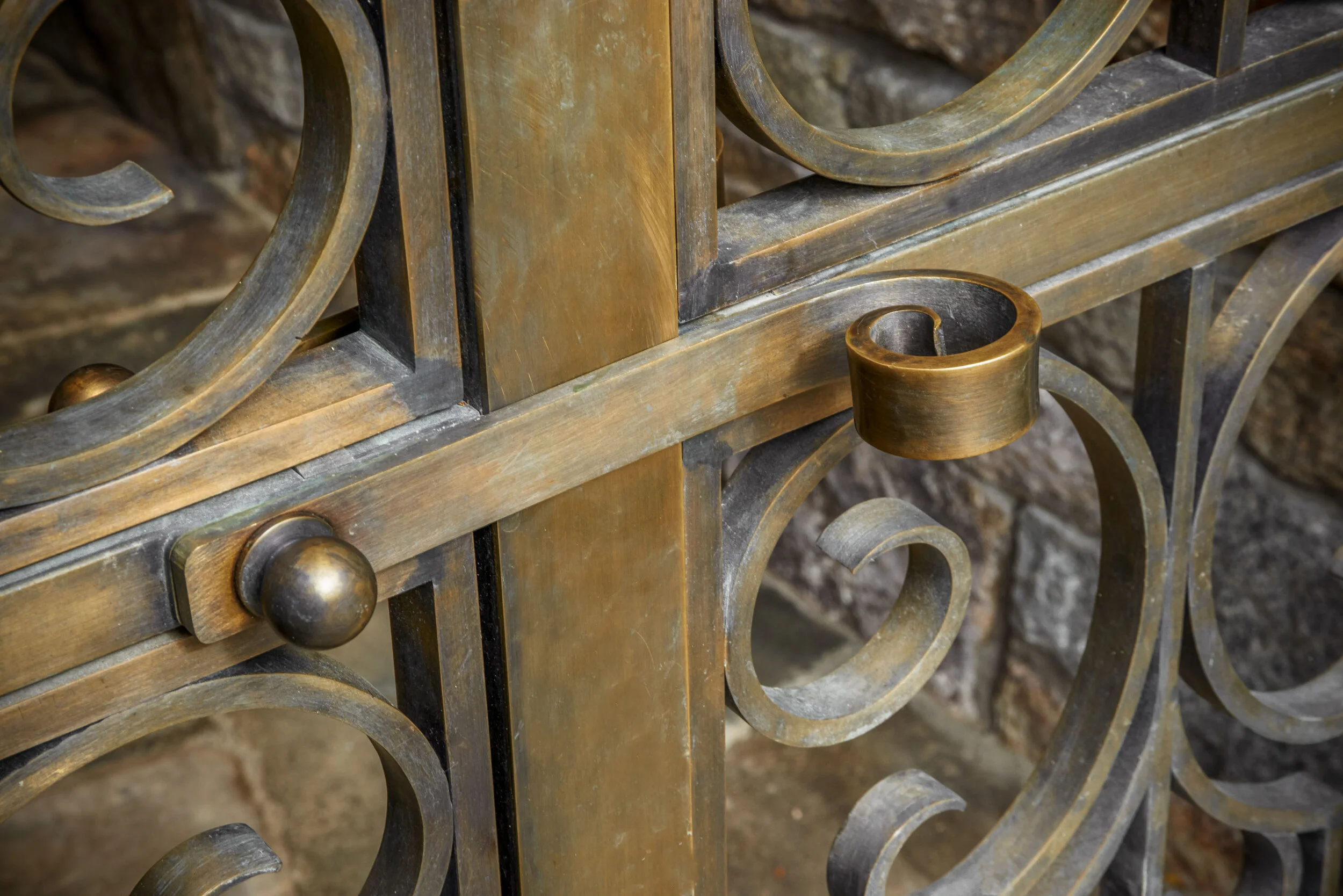 Tudor home in Greenwich CT, entry gate stone pillars detail