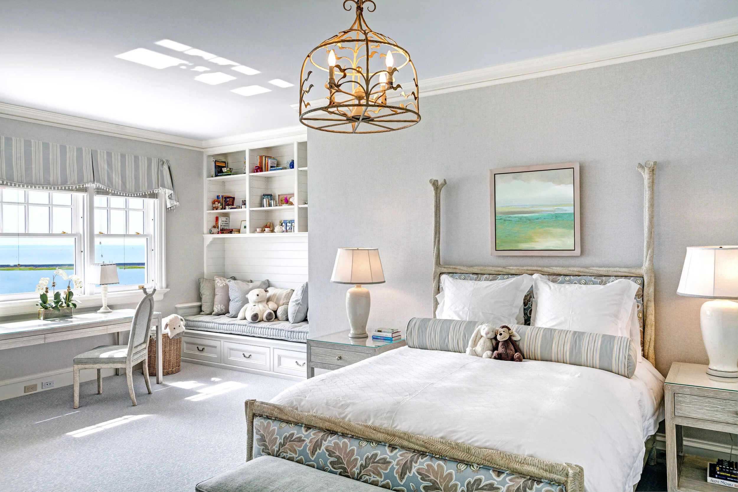 Colonial home in Greenwich CT, bedroom with paneled walls