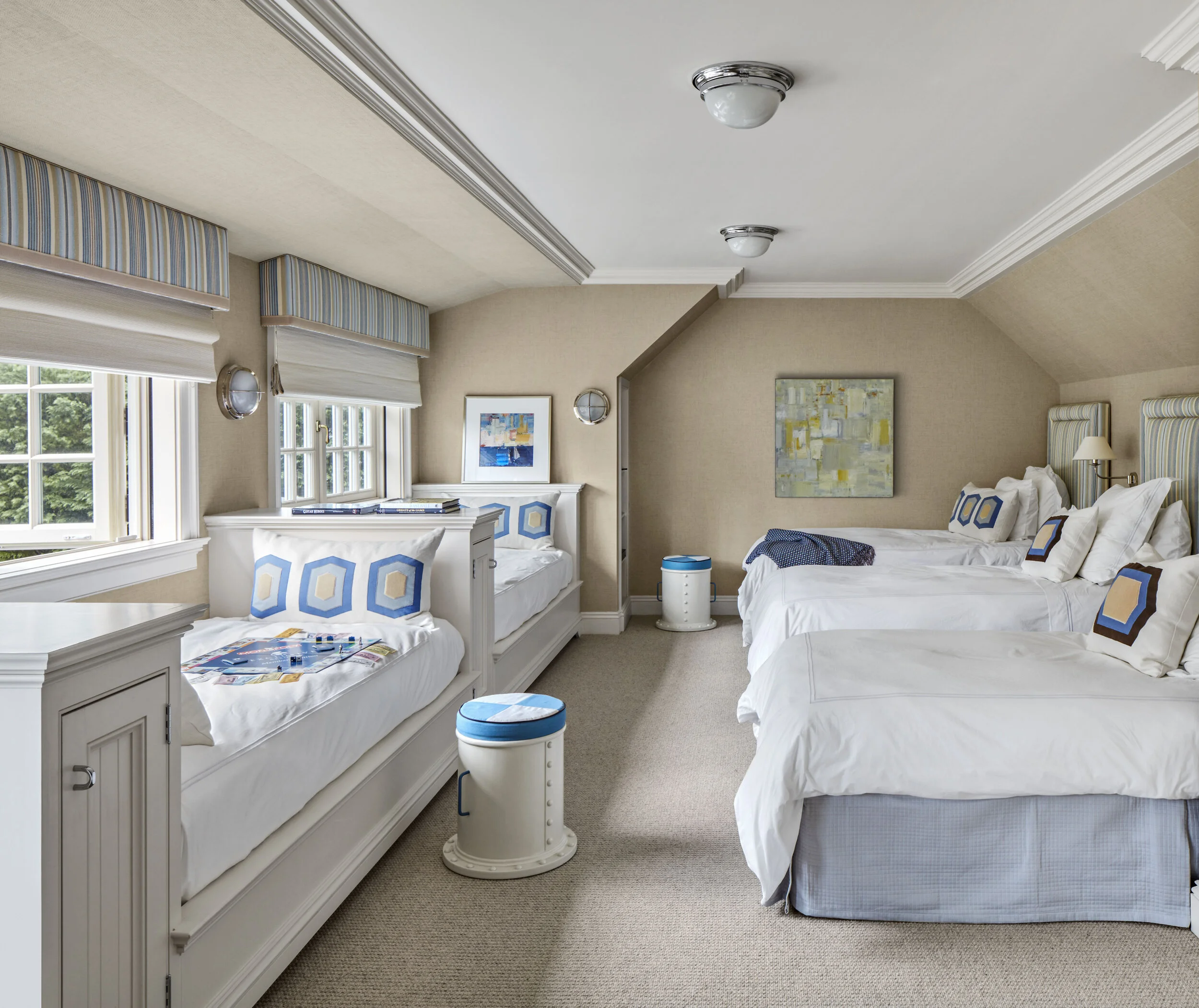 Colonial home in Greenwich CT, bedroom built-in window seat