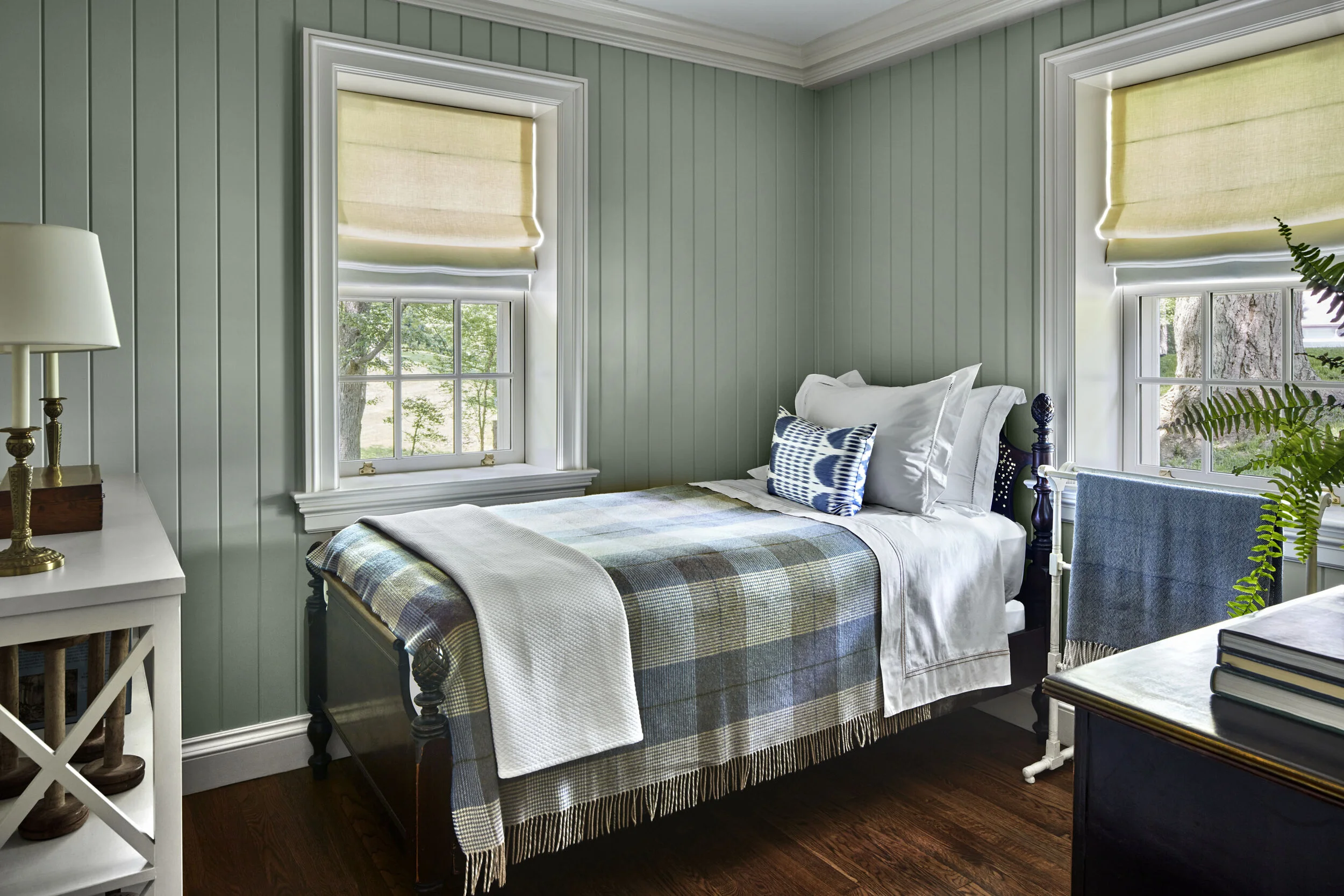 Tudor home in Greenwich CT, bedroom exposed beams
