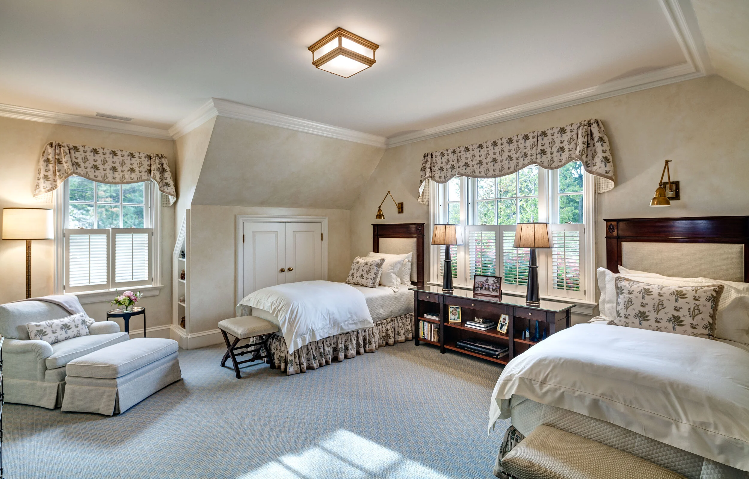 Tudor home in Greenwich CT, bedroom dark wood trim