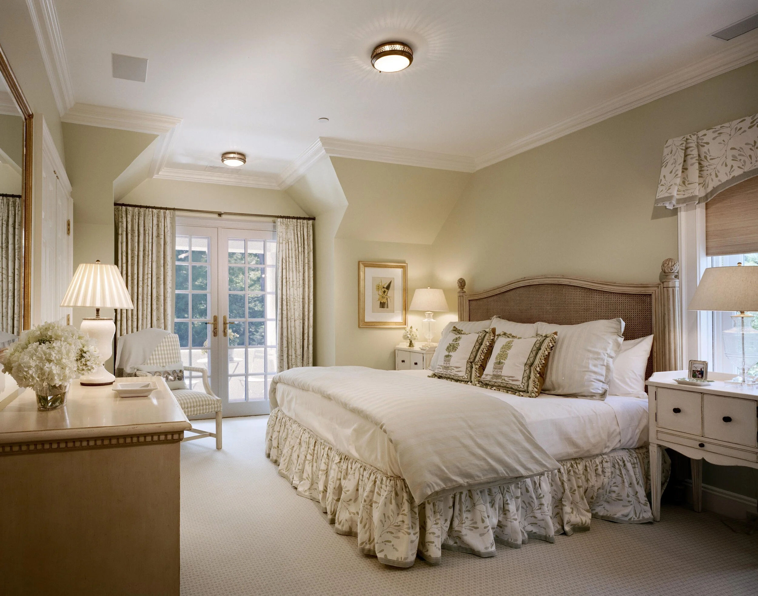 Georgian home in Greenwich CT, wallpapered bedroom