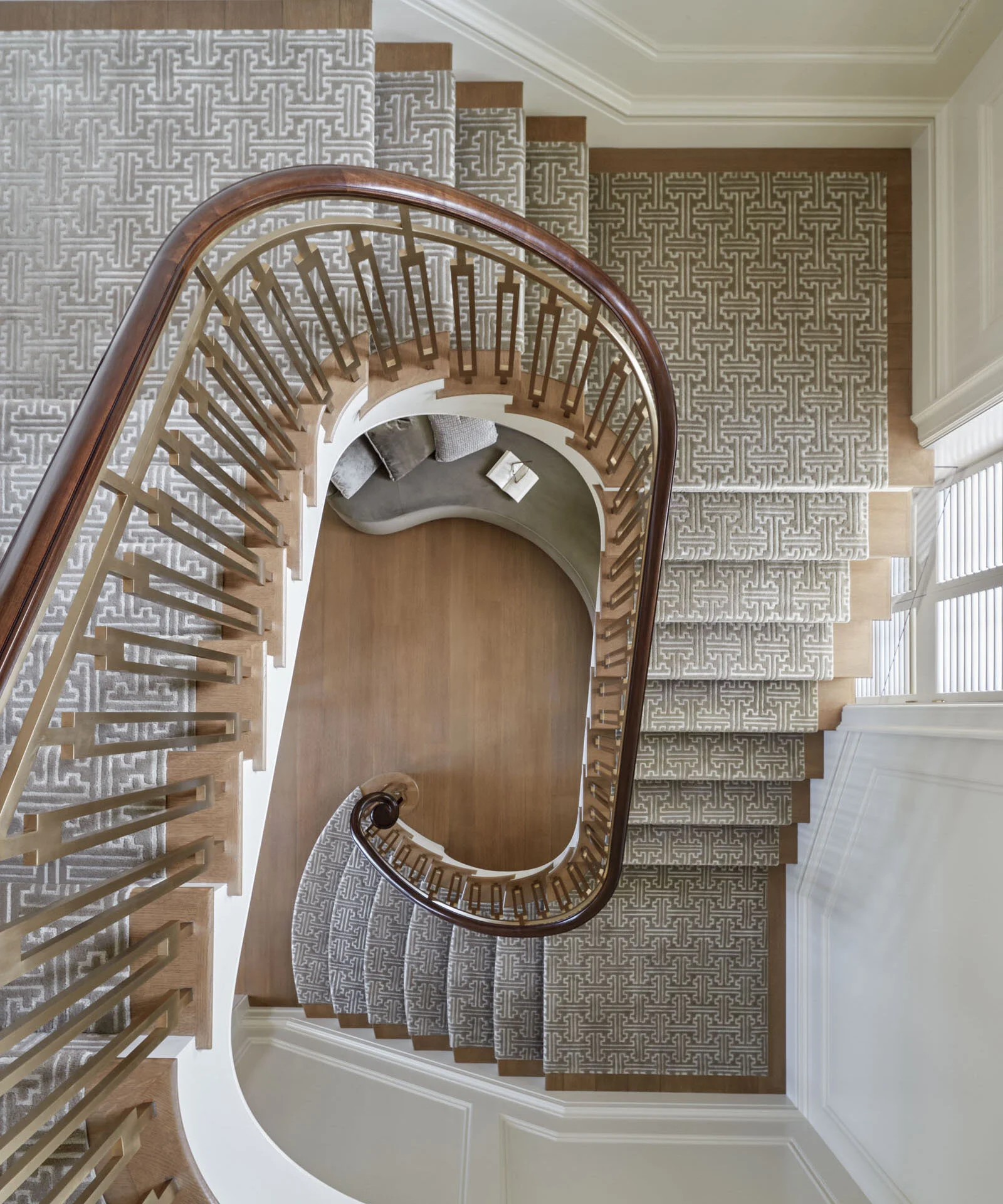 Georgian home in Greenwich CT, curved staircase oak treads