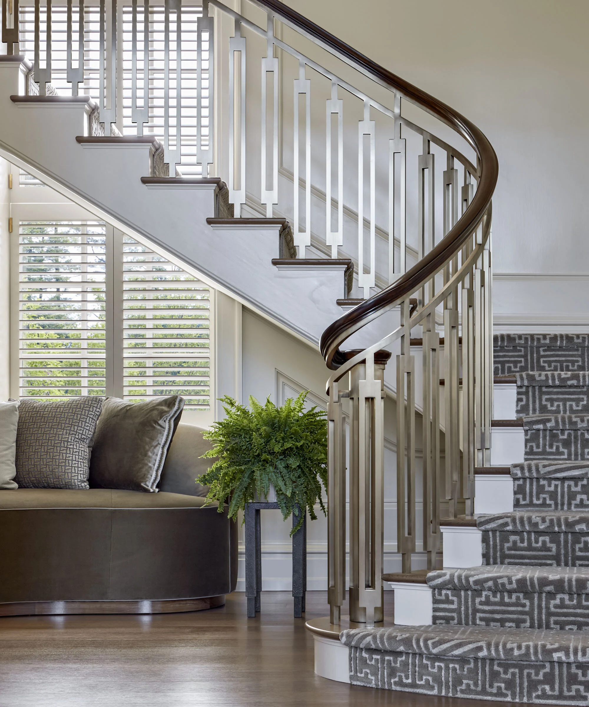 Georgian home in Greenwich CT, curved staircase oak treads detail