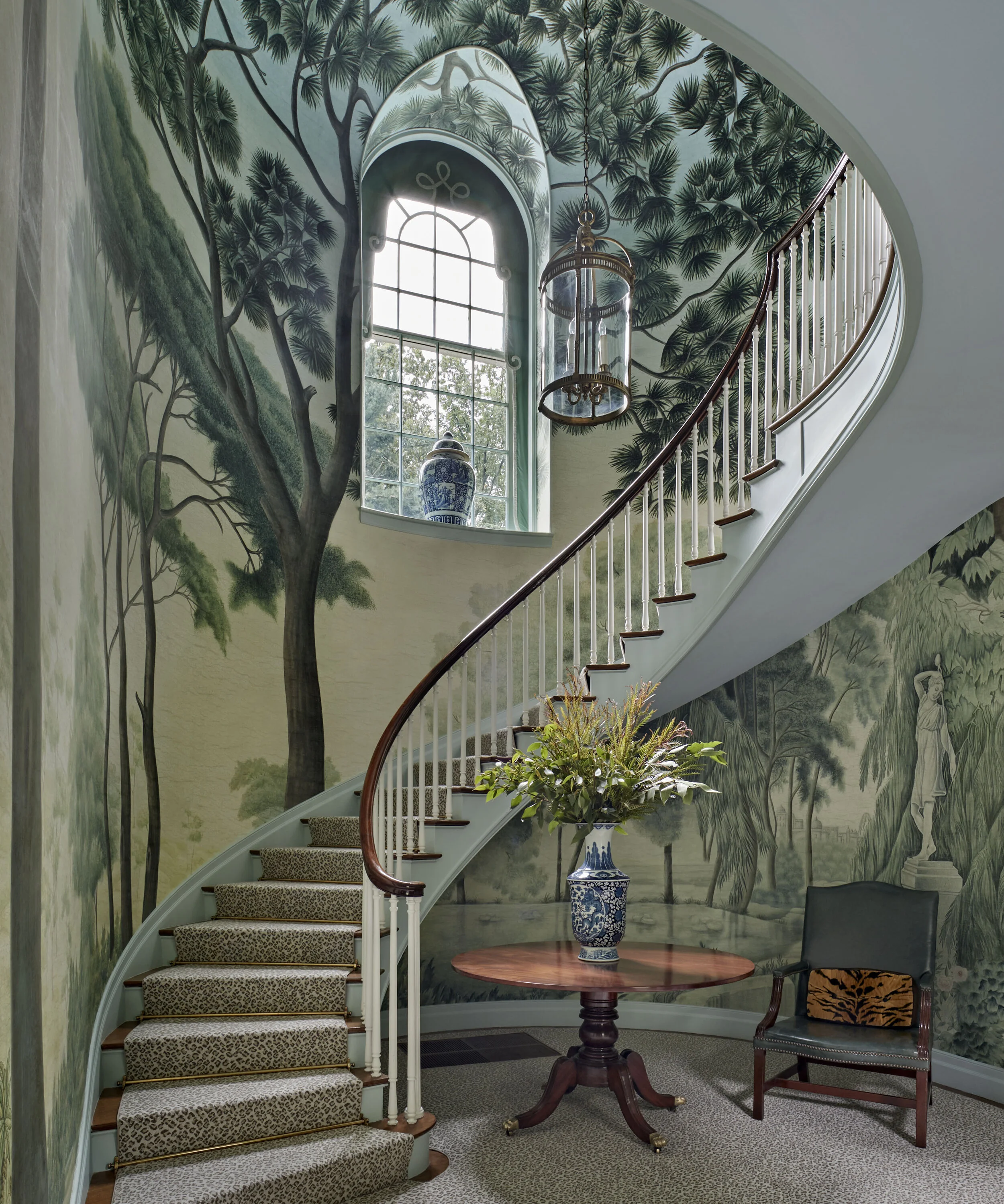 Tudor home in Greenwich CT, staircase dark wood
