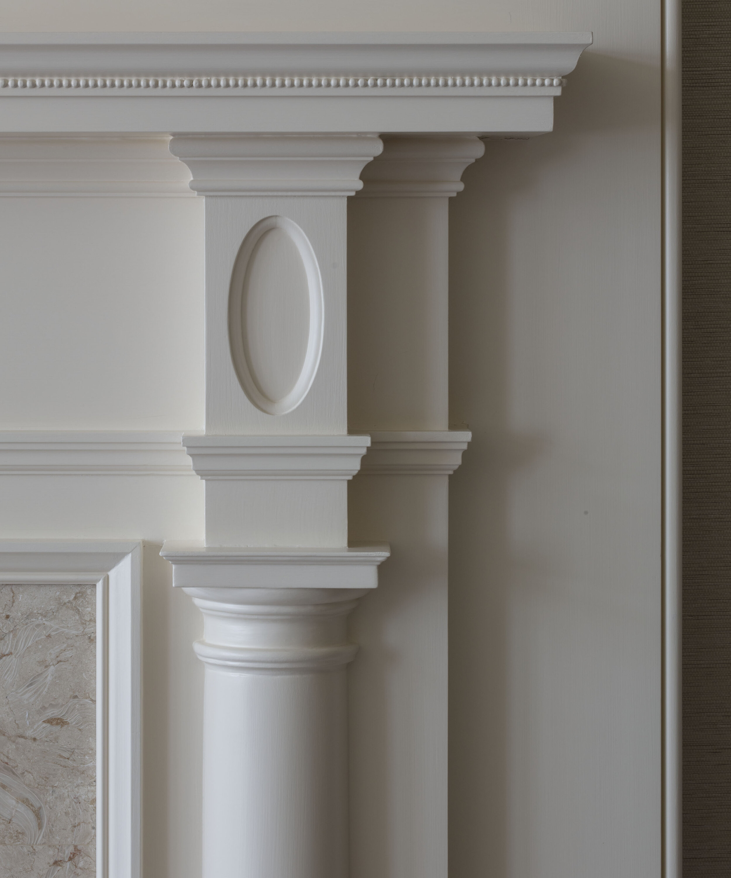 Georgian colonial home in Greenwich CT, library fireplace detail