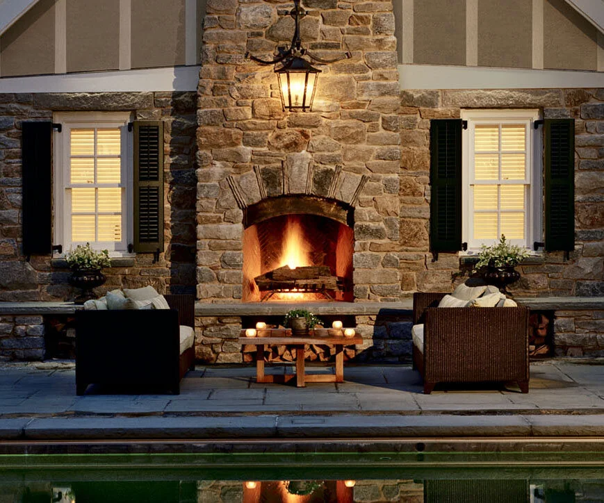 Colonial home in Greenwich CT, outdoor fireplace