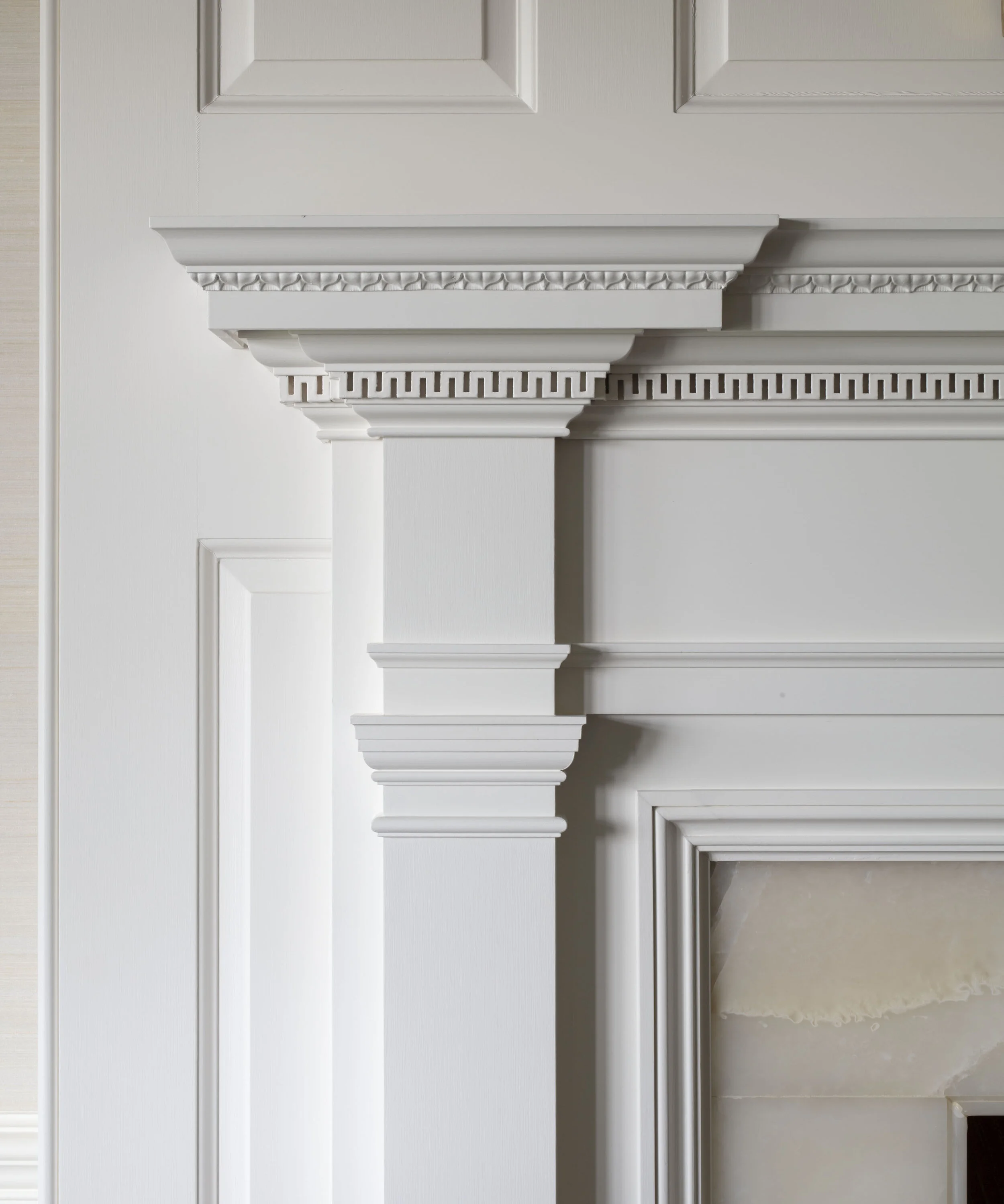 Georgian home in Greenwich CT, fireplace herringbone firebox