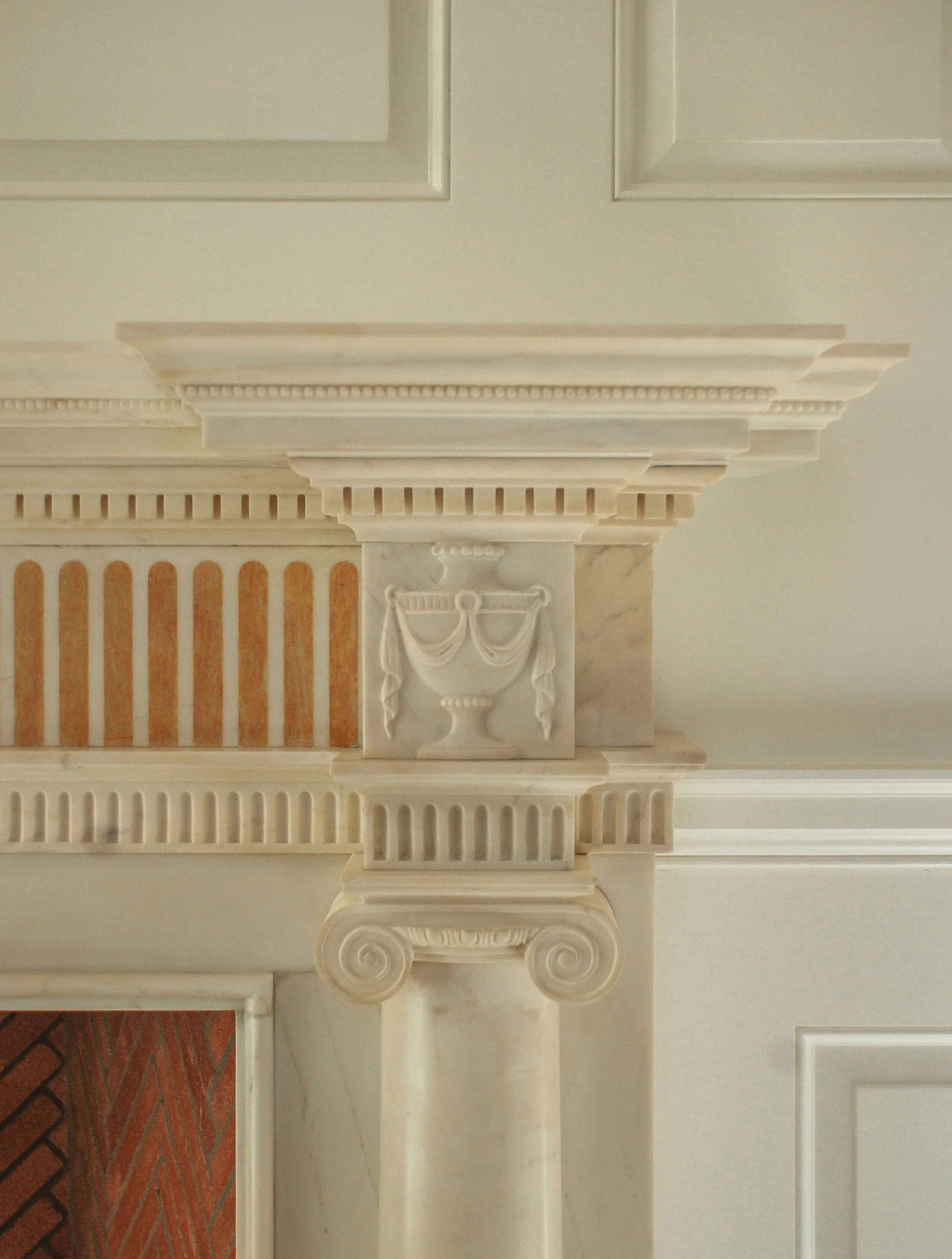 Georgian home in Greenwich CT, fireplace herringbone firebox detail