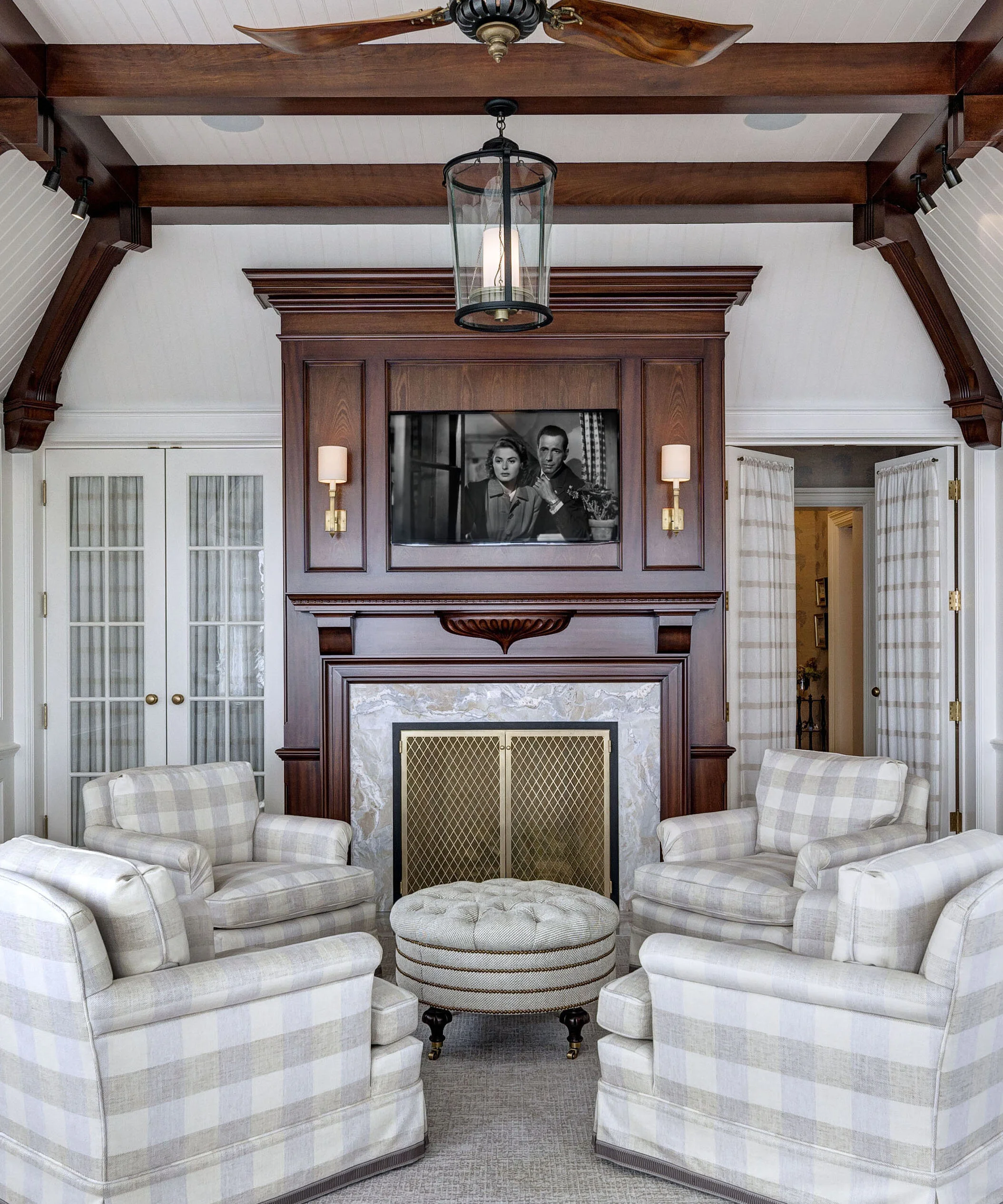 Colonial home in Greenwich CT, family room fireplace