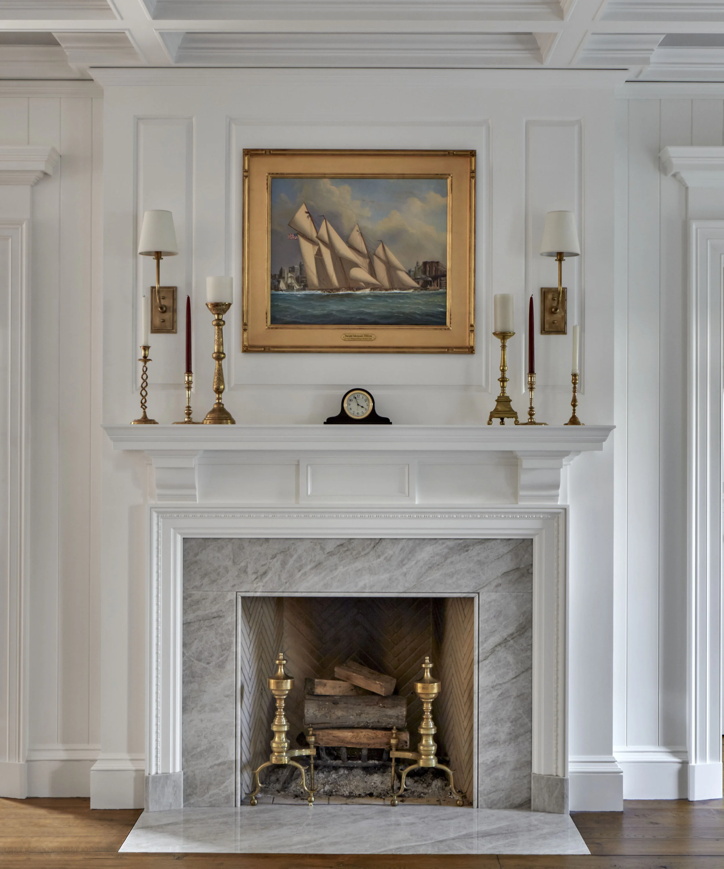 Colonial home in Greenwich CT, family room fireplace detail