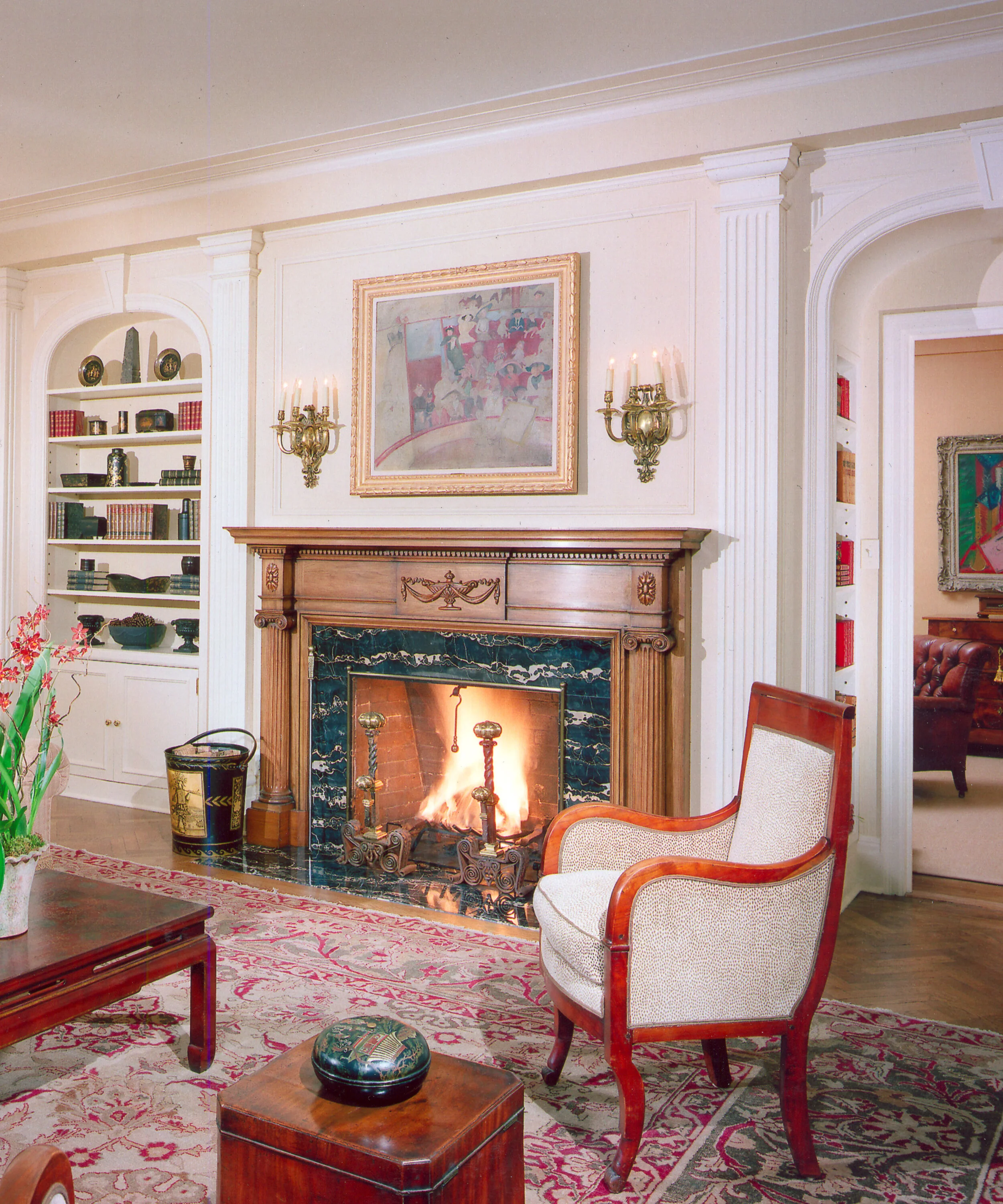 Shingle style home in Greenwich CT, stone fireplace surround detail