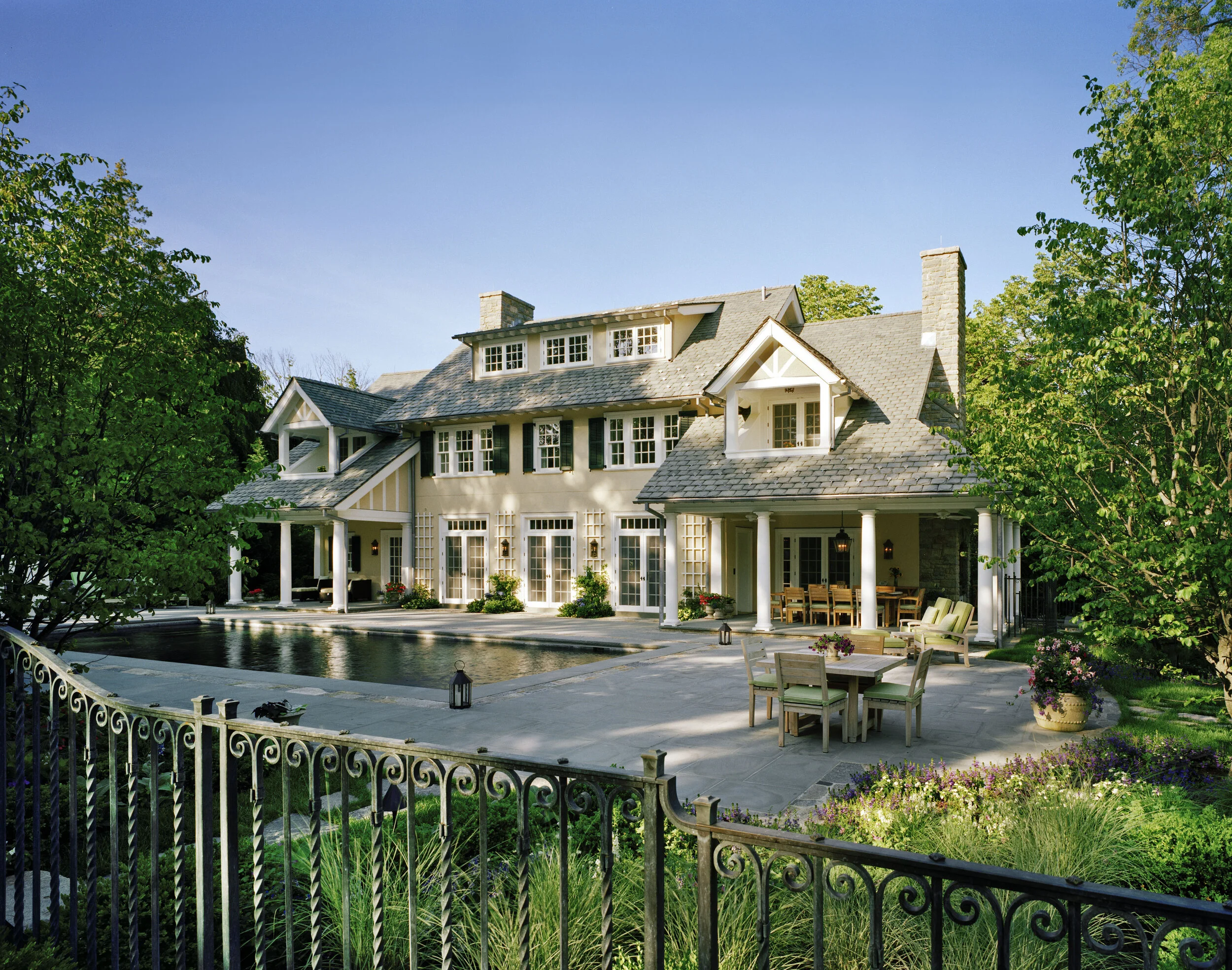 Georgian home in Greenwich CT, outdoor pool terrace
