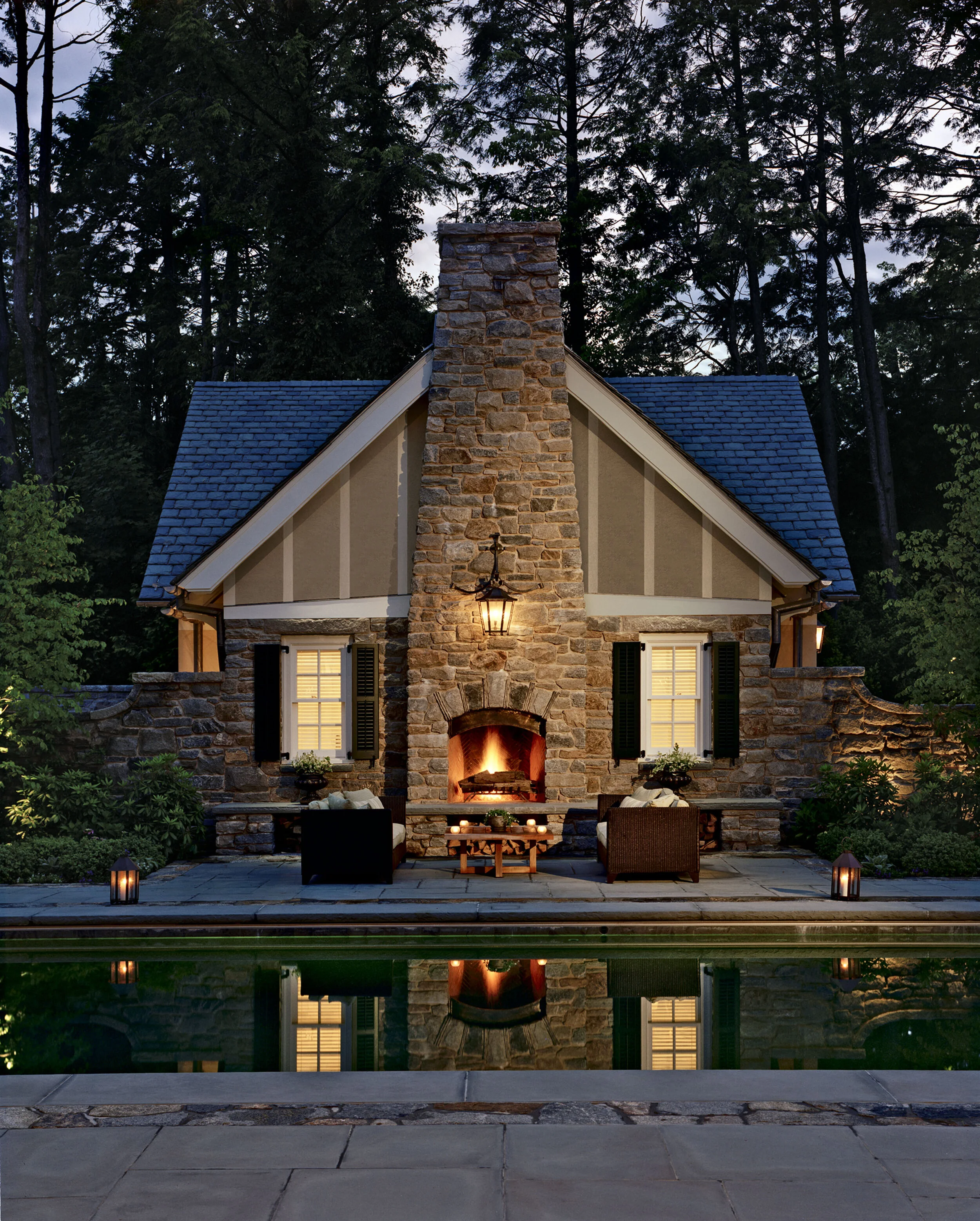 Shingle style home in Greenwich CT, outdoor bluestone patio detail